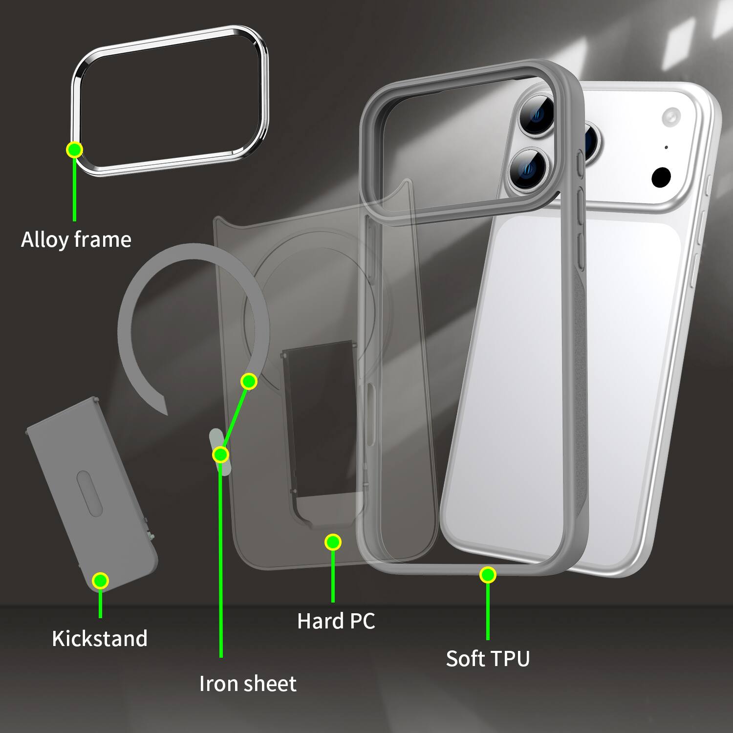 Alloy frame  
Kickstand  
Hard PC  
Iron sheet  
Soft TPU