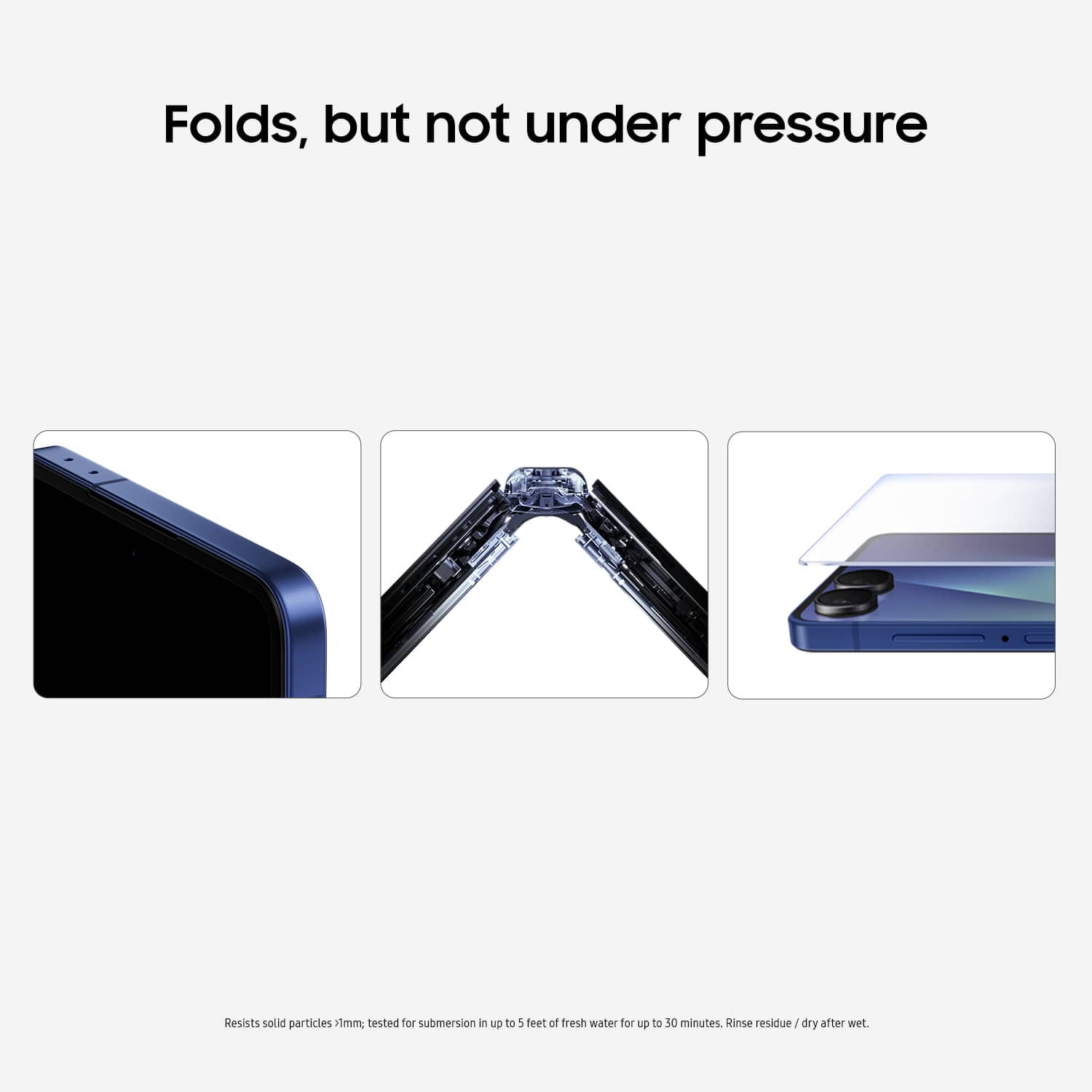 Folds, but not under pressure
Resists solid particles >1mm, tested for submersion in up to 5 feet of fresh water for up to 30 minutes. Rinse residue / dry after wet.