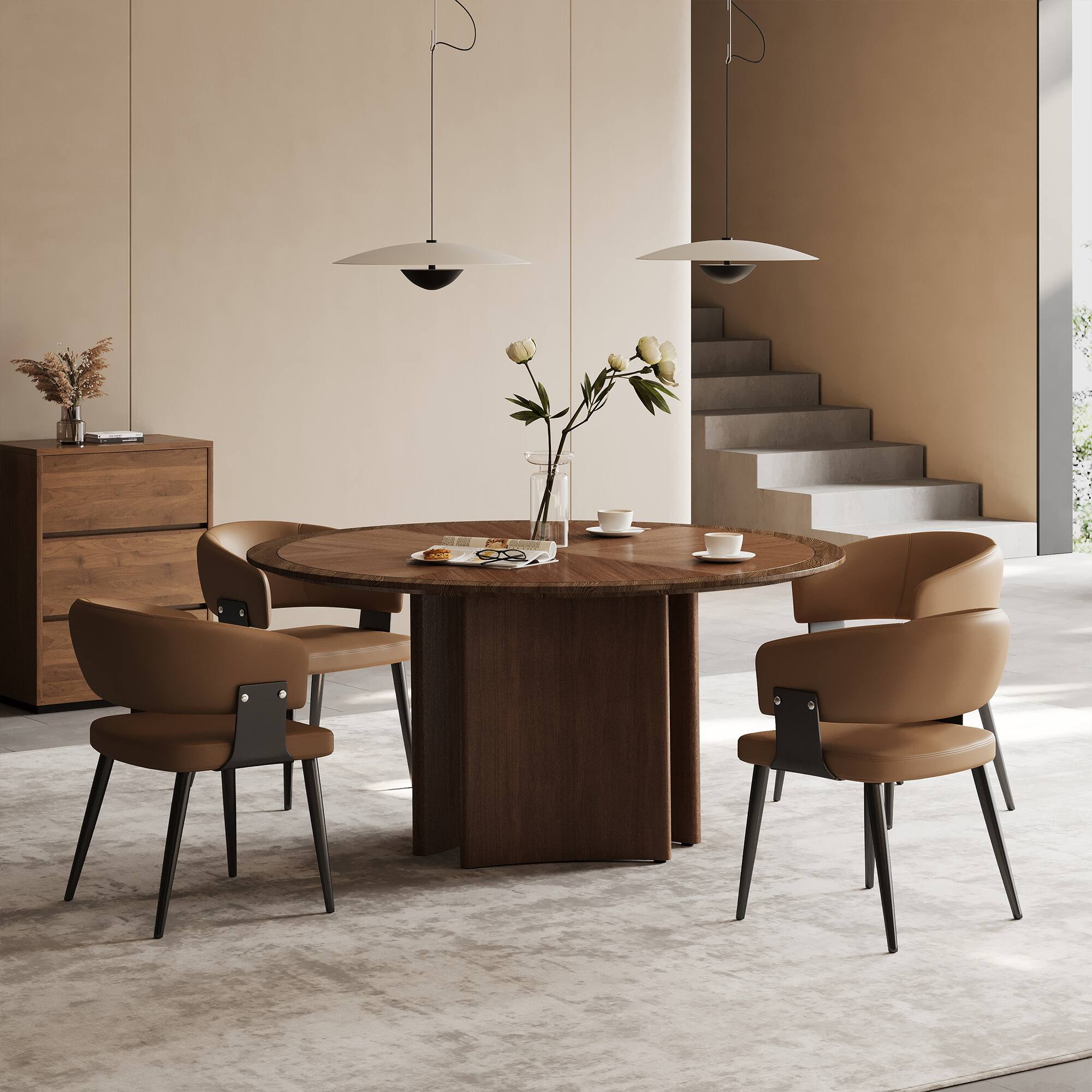 Angle. luck idea - 59.05" Round Dining Table with Geometric Mosaic Tabletop and Half-Moon Base - Walnut color.