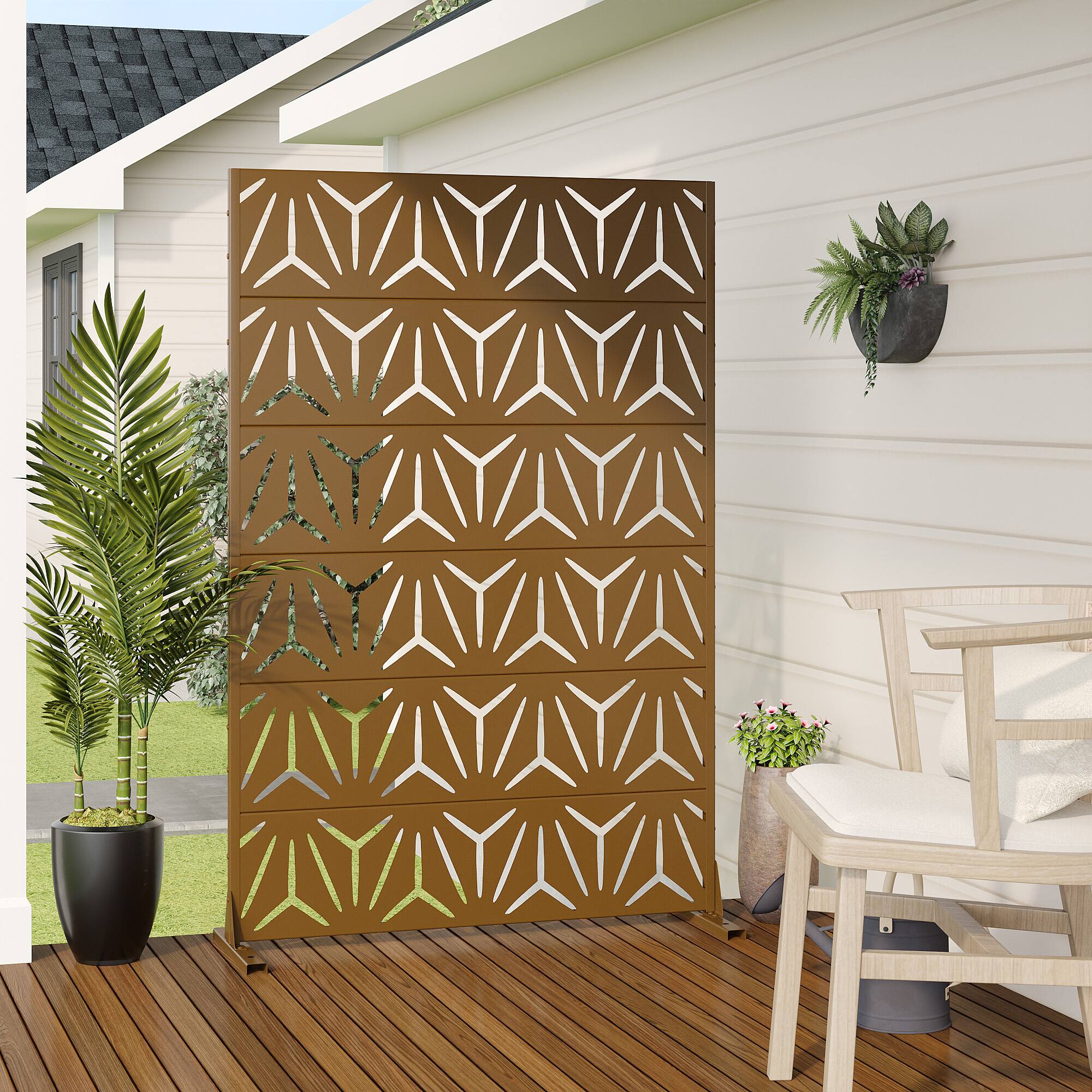 Alt View 2. PexFix - 72 in. x 47 in. Star Pattern Metal Outdoor Privacy Screen & Panels, Freestanding Garden Divider Fence - Brown.