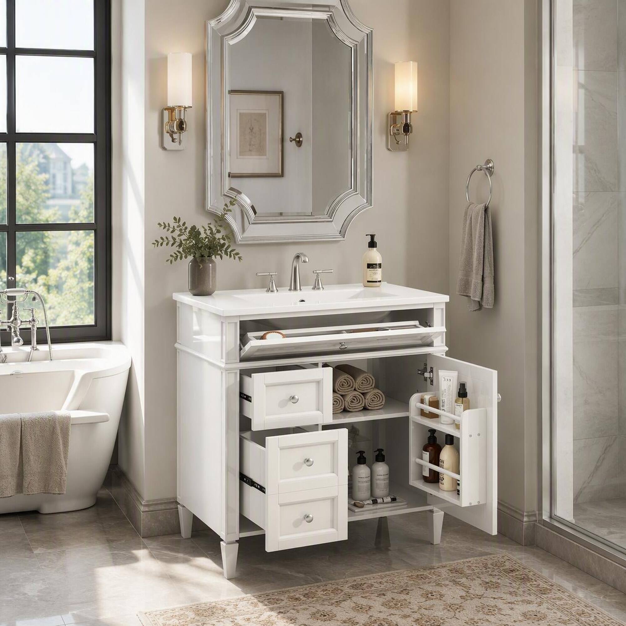 RYHNUYNE 30 Inch Freestanding Bathroom Vanity with Ceramic Sink, 2 ...
