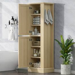 Loheer - Tall Bathroom Storage Cabinet Freestanding Organizer with Adjustable Shelves and Hooks MDF - Natural