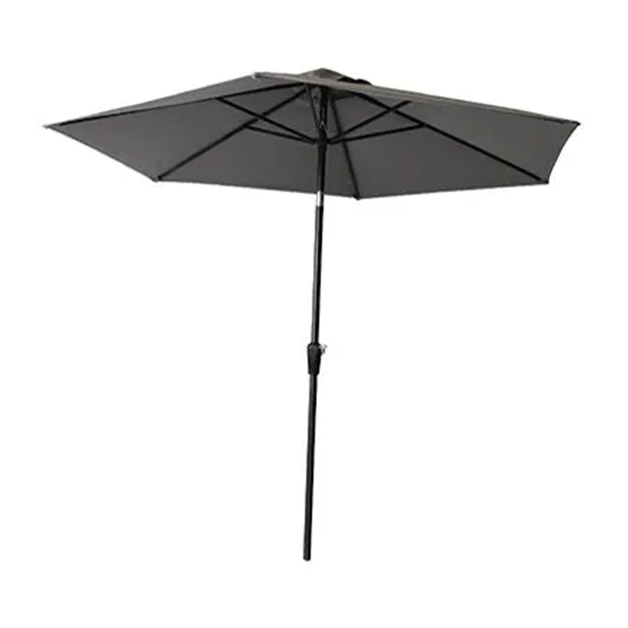 Front. Four Seasons Courtyard - Four Seasons Courtyard 9' Round Sling Fabric Campton Hills Market Umbrella, Gray - Gray, Brown.