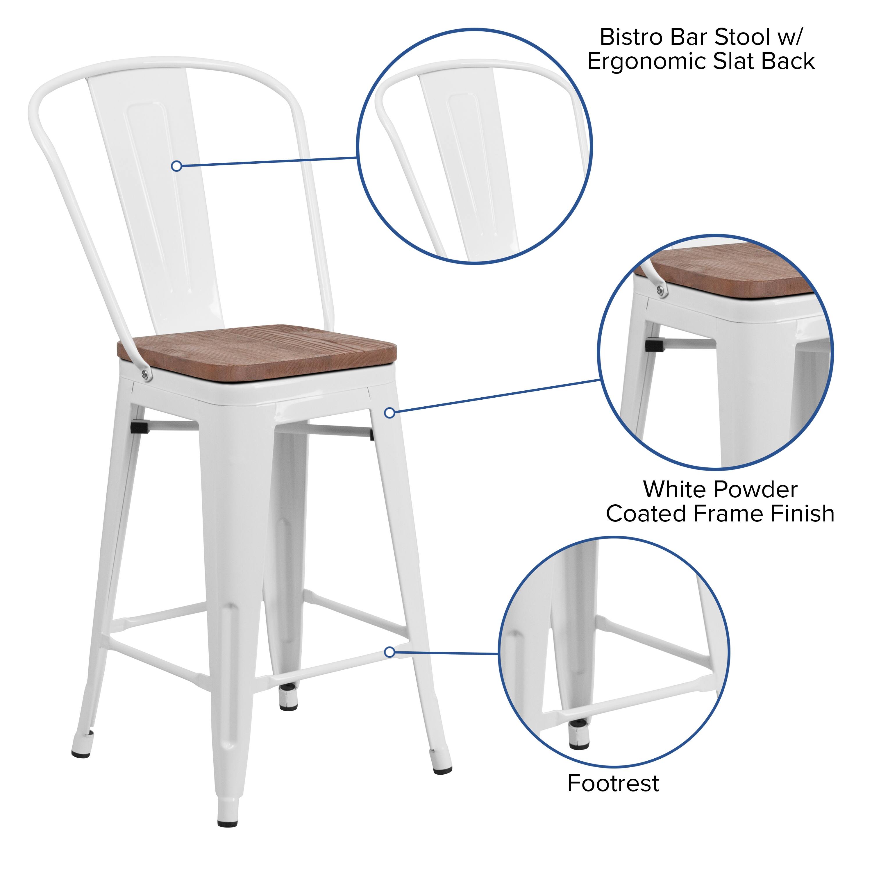 Bistro Bar Stool w/ Ergonomic Slat Back  
White Powder Coated Frame Finish  
Footrest