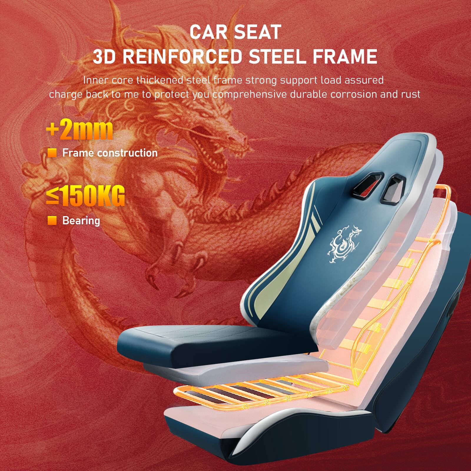 CAR SEAT 3D REINFORCED STEEL FRAME

Inner core thickened steel frame strong support load assured charge back to me to protect you comprehensive durable corrosion and rust

+2mm Frame construction

<150KG Bearing