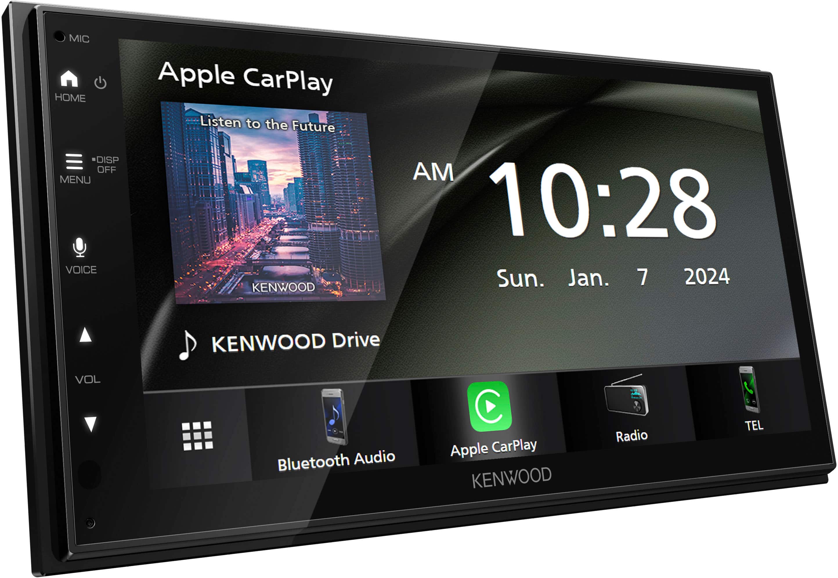 Apple CarPlay Listen to the Future Kenwood Drive AM 10:28 Sun. Jan. 7 2024 Bluetooth Audio Apple CarPlay Kenwood Radio TEL