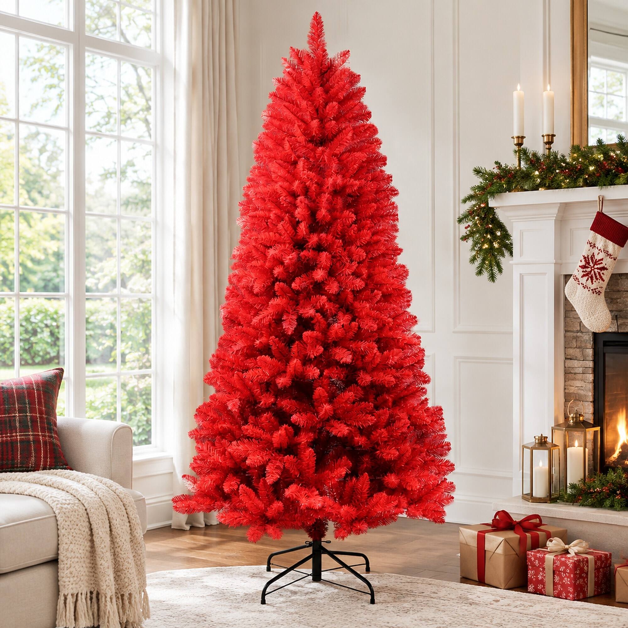 Back. RYHNUYNE - 6 Ft Pure Red Artificial Christmas Tree With 804 Dense Tips, Hinged Branches Stable Metal Stand For Holiday Decor - Red.