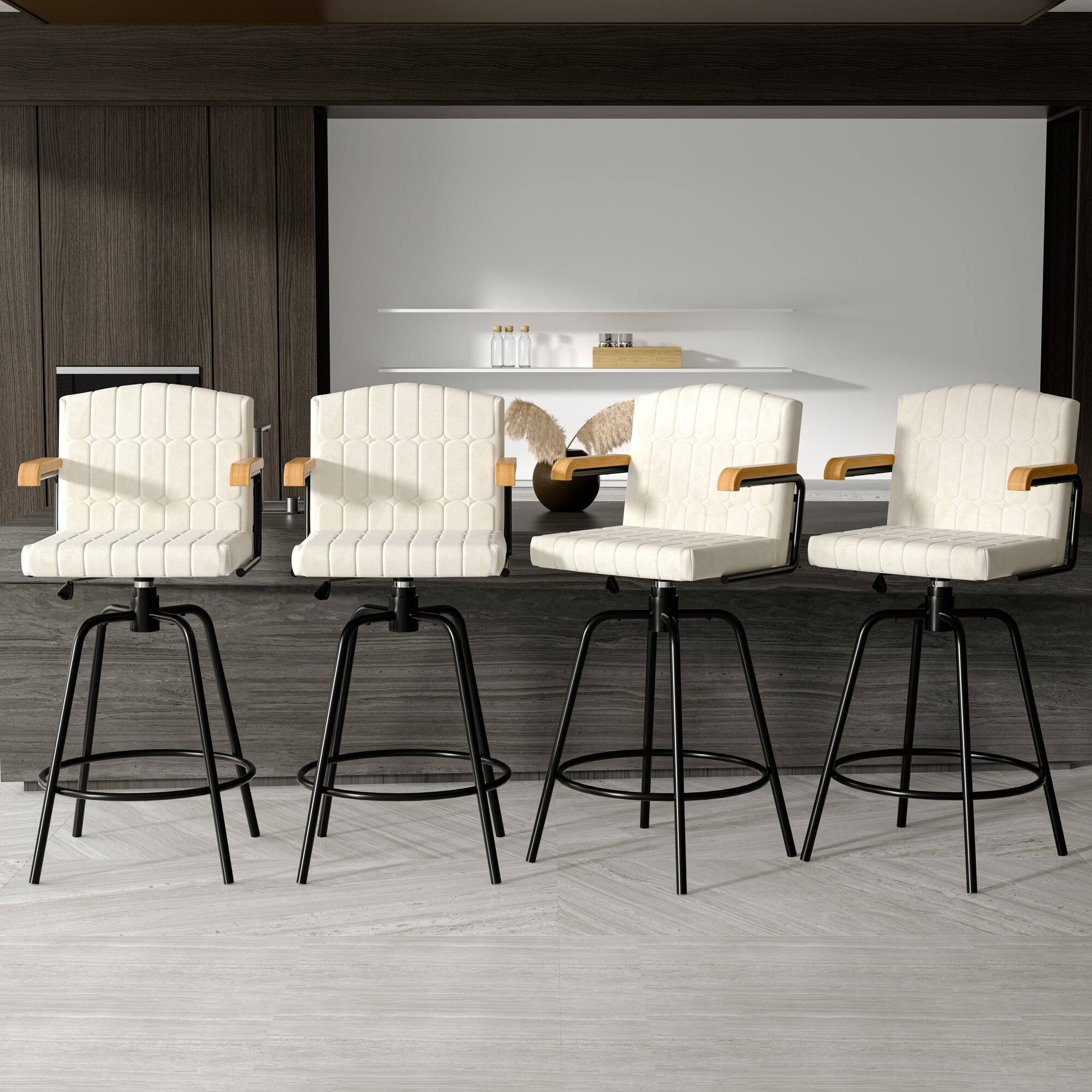 Vecelo - Set of 4 Swivel Bar Stools with Adjustable Height - Flocking Upholstered Counter Height Stools with Footrest - Beige