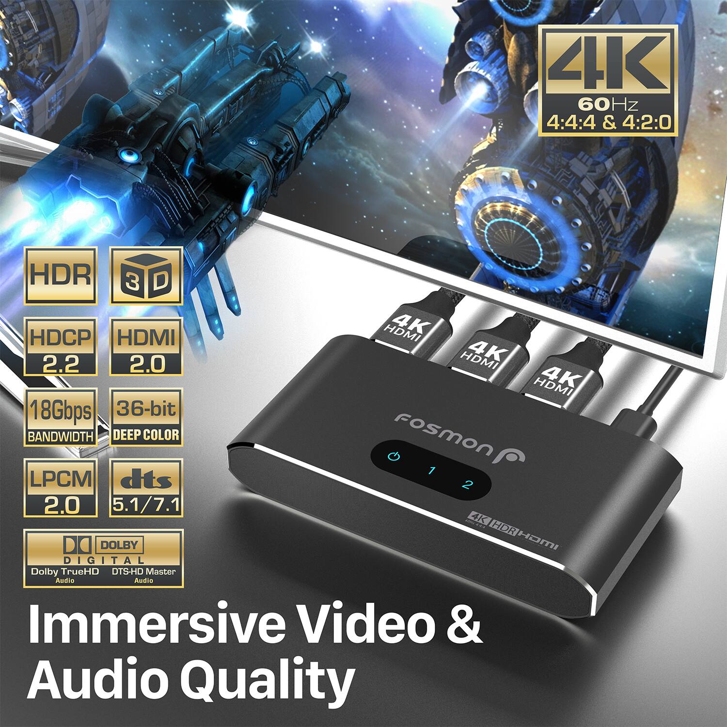4K 60Hz 4:4:4 & 4:2:0 HDR 3D HDMI 4K HDCP HDMI 2.2 2.0 HDMI 4K HDMI 4K 18Gbps 36-bit BANDWIDTH DEEP COLOR fosmon 1 LPCM dts 2.0 5.1/7.1 4K DO DOLBY DIGITAL Dolby TrueHD DTS-HD Master Audio Immersive Video & Audio Quality