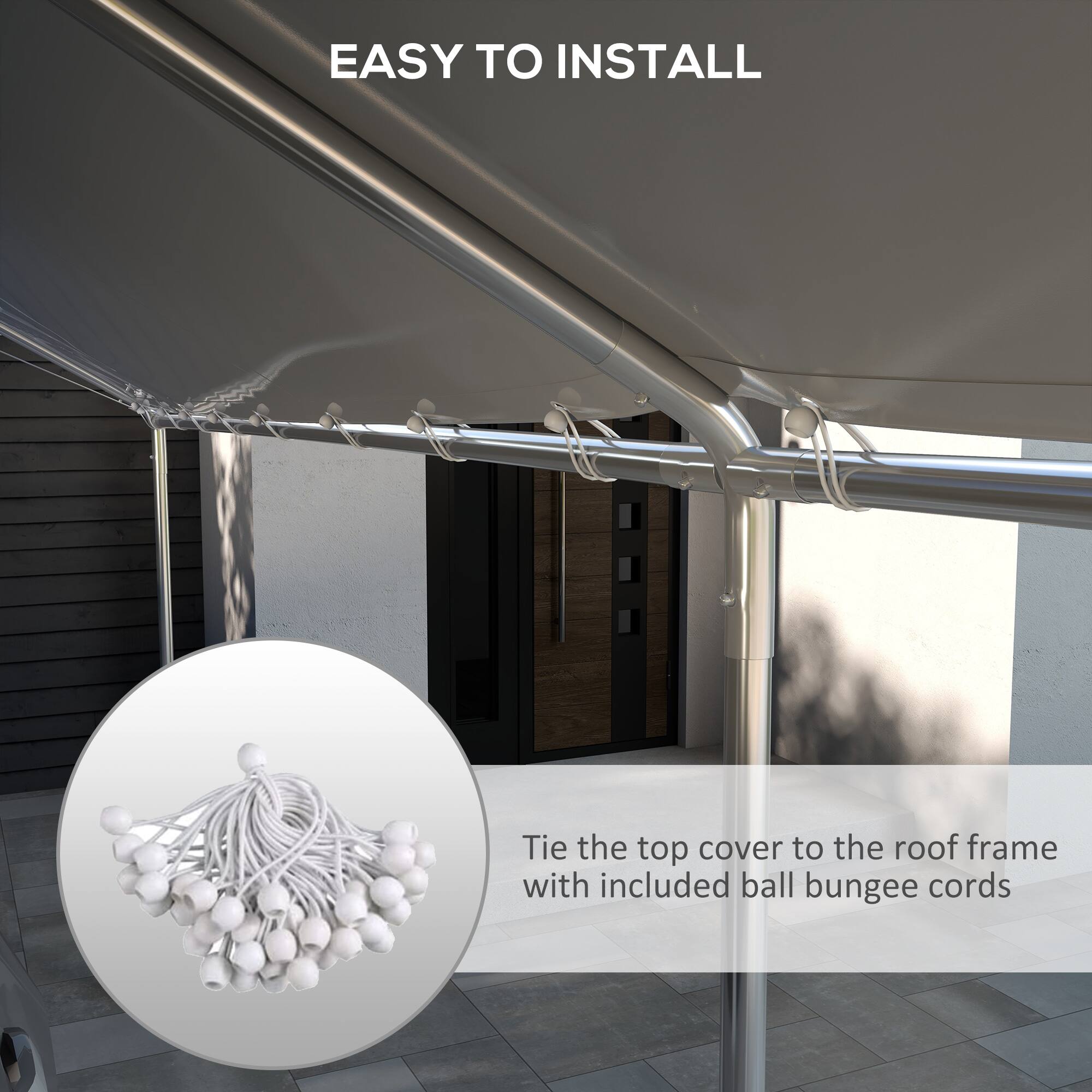 EASY TO INSTALL
Tie the top cover to the roof frame with included ball bungee cords