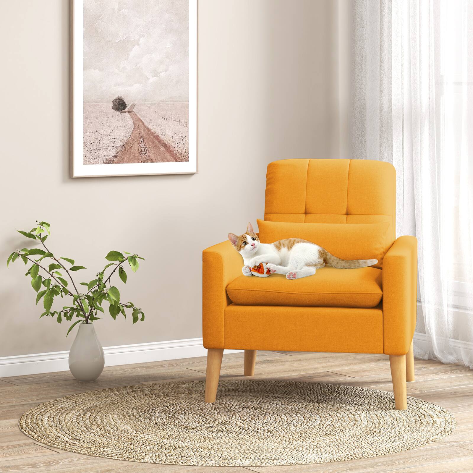 Alt View 1. Ecooso - Accent Chair with Lumbar Pillow and Natural Rubber Wood Legs, Soft Cushioned Seat - Yellow.
