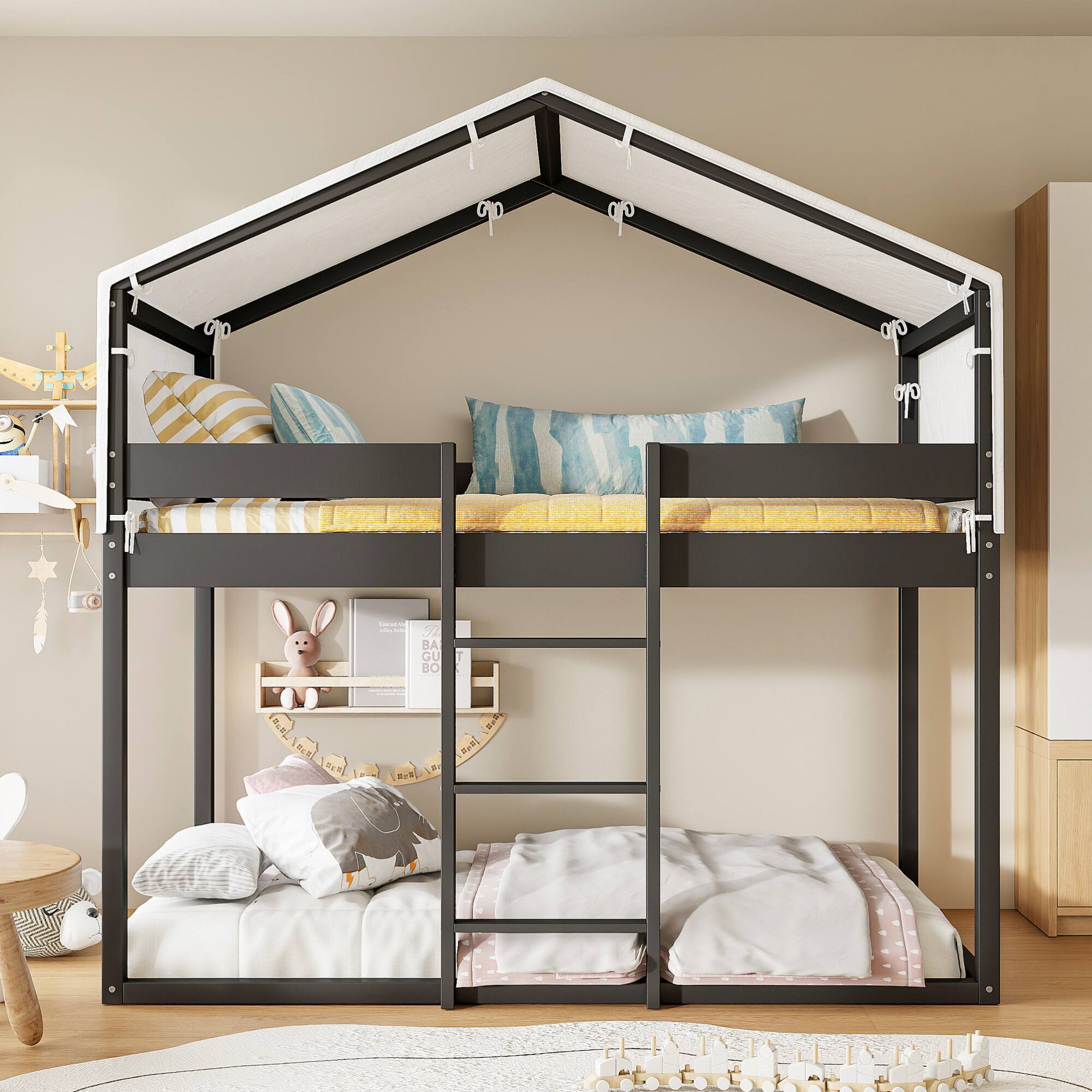 Angle. GOODSILO - Space-Saving Twin Over Twin Wooden Bunk Bed with Playful Tent Design for Kids - Espresso.
