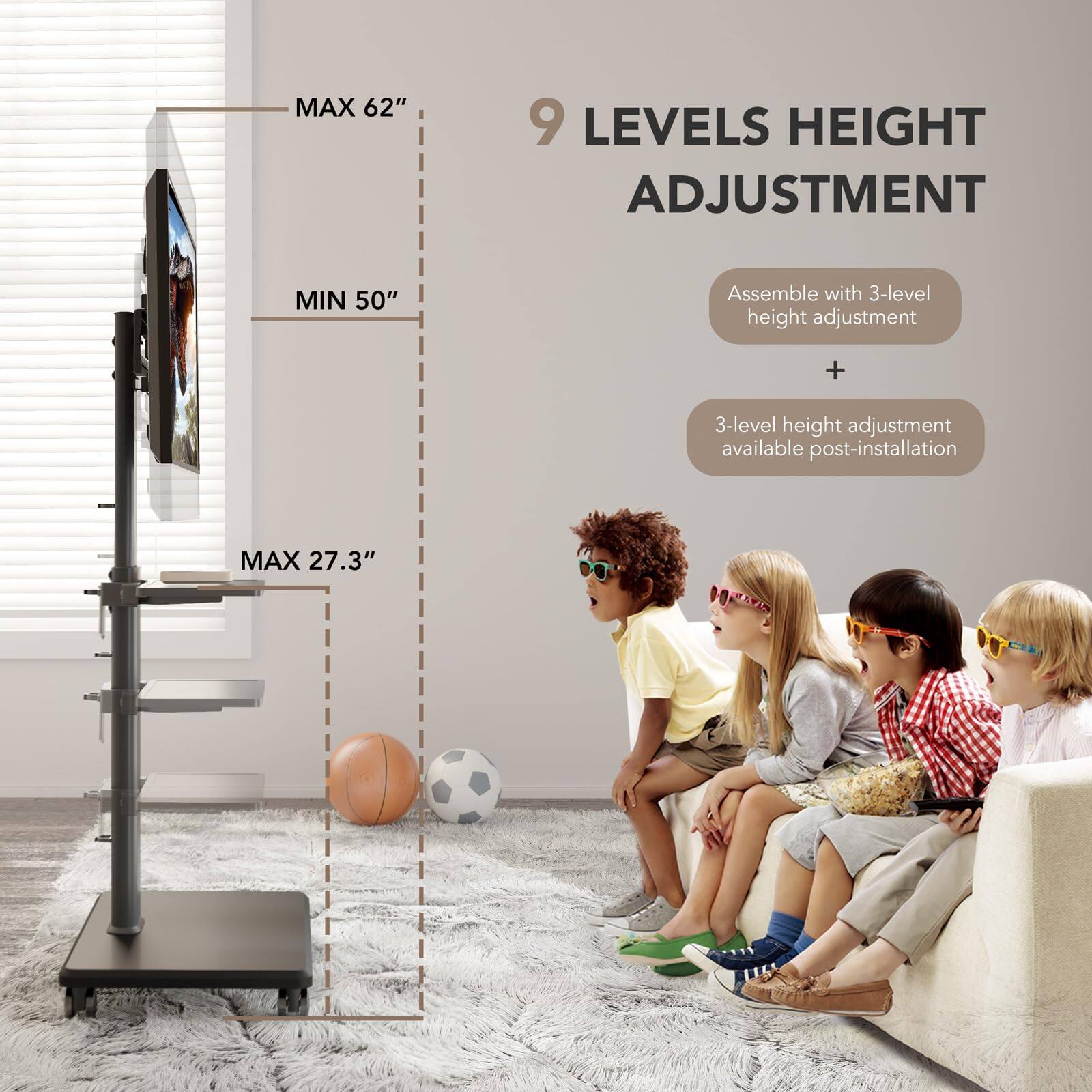 MAX 62"  
MIN 50"  
MAX 27.3"  

9 LEVELS HEIGHT ADJUSTMENT  

Assemble with 3-level height adjustment  
+  
3-level height adjustment available post-installation
