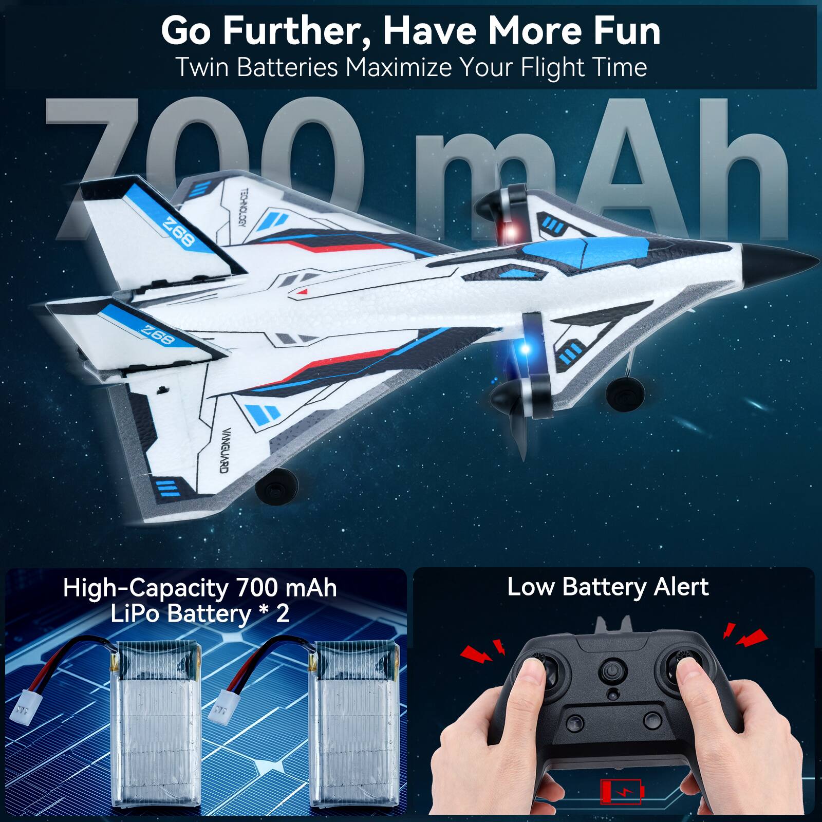 Go Further, Have More Fun  
Twin Batteries Maximize Your Flight Time  

700 mAh  

VANGUARD  
High-Capacity 700 mAh LiPo * 2 Battery  
Low Battery Alert