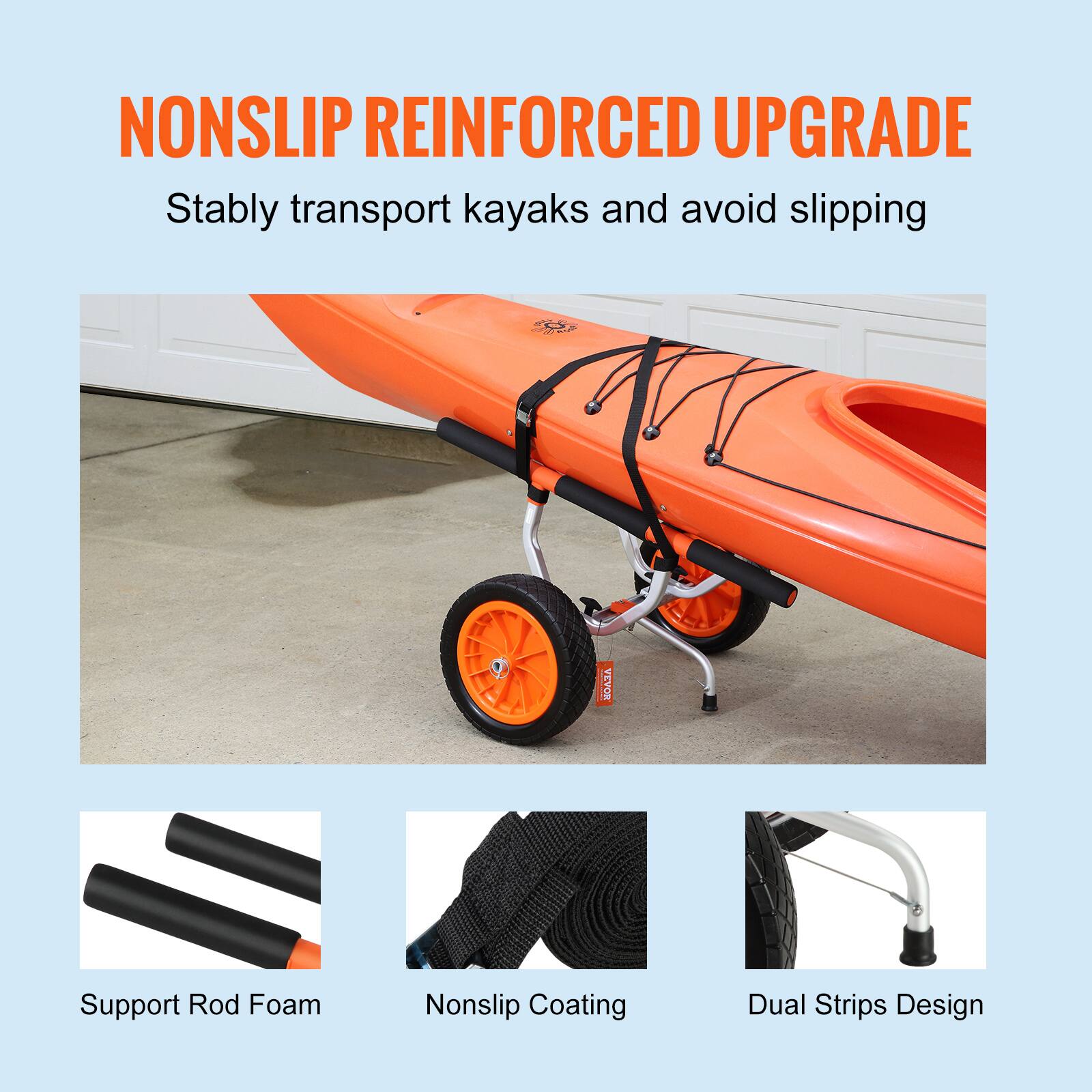 Nonslip Reinforced Upgrade  
Stably transport kayaks and avoid slipping  

- Support Rod Foam  
- Nonslip Coating  
- Dual Strips Design