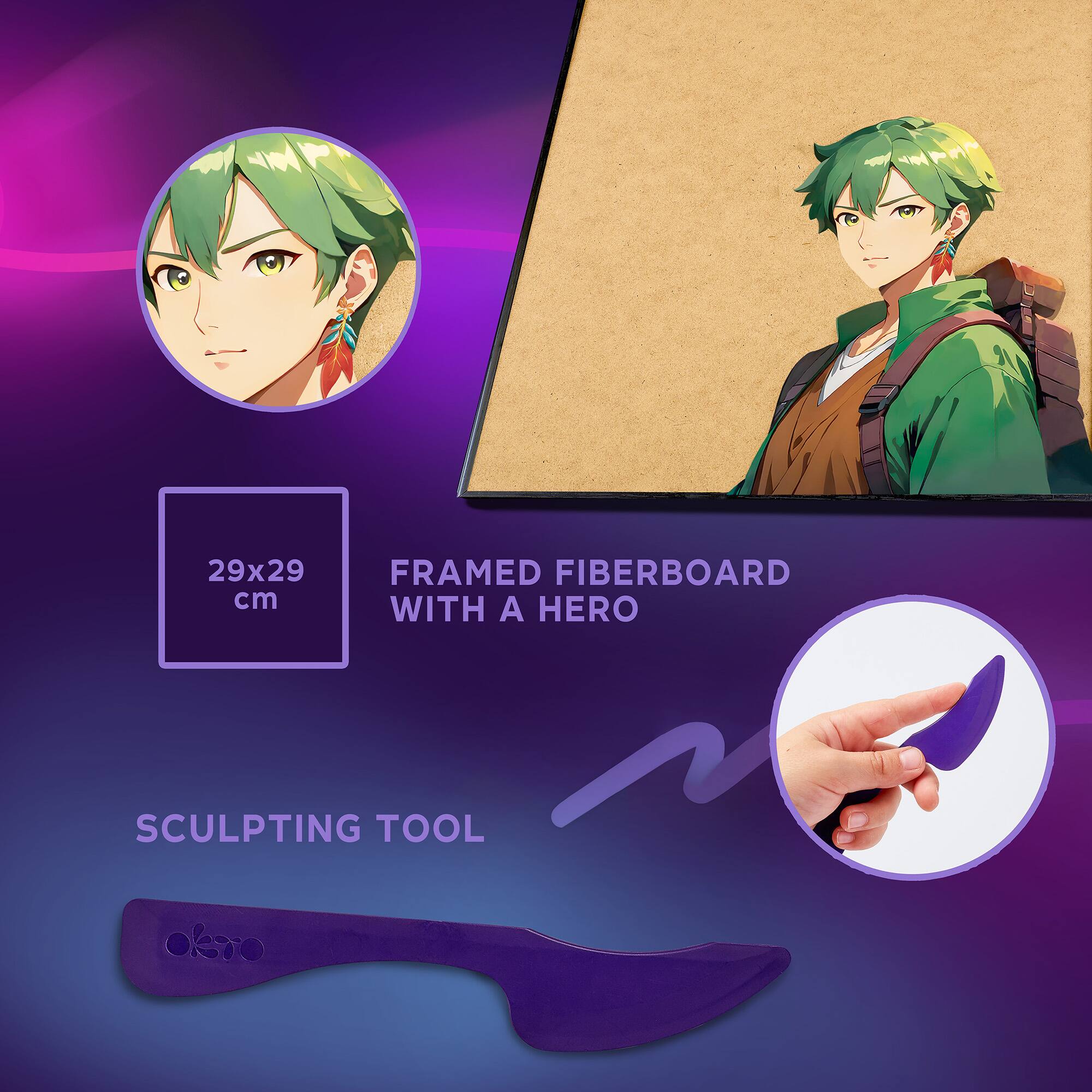 29x29 cm FRAMED FIBERBOARD WITH A HERO SCULPTING TOOL