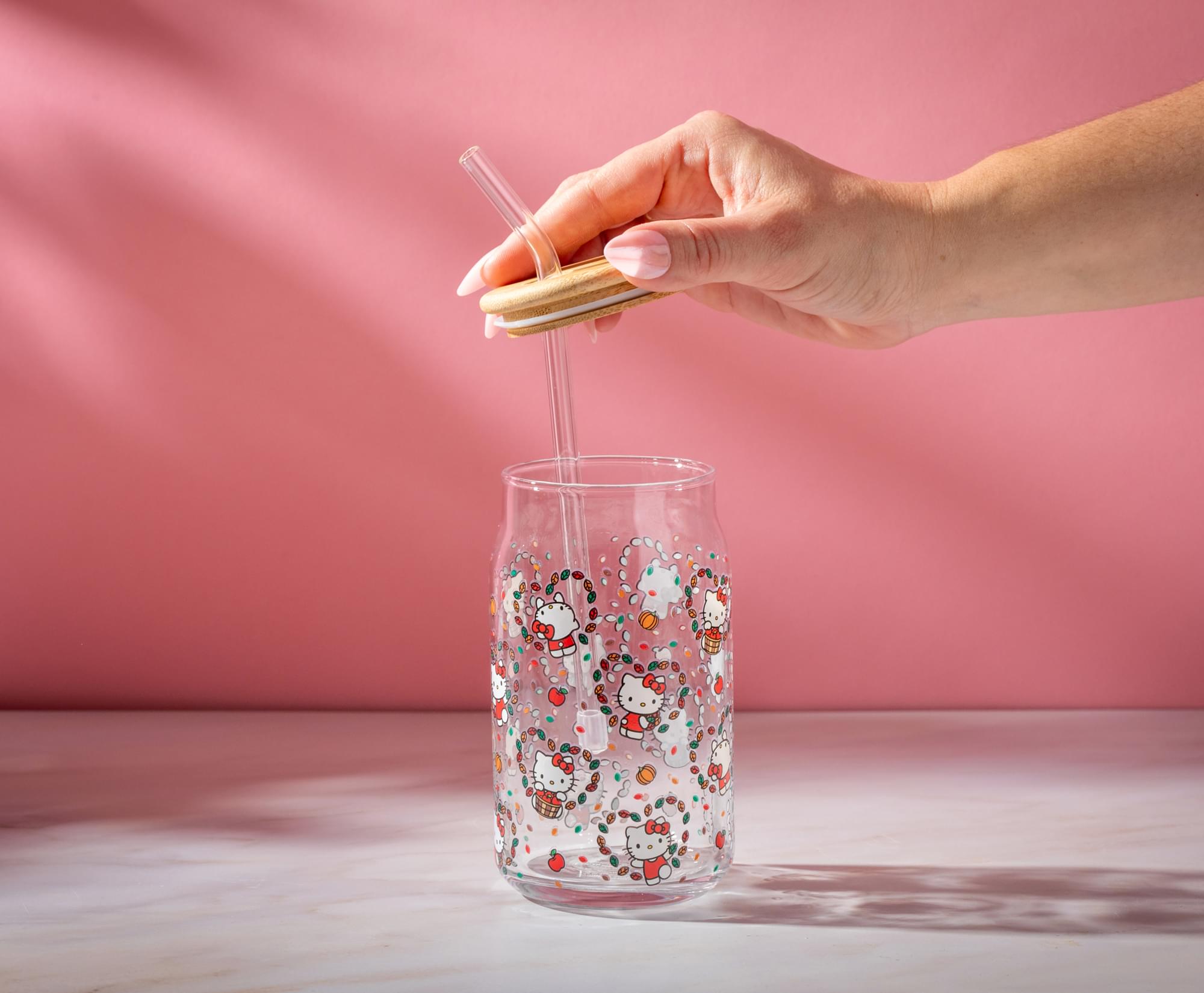 Alt View 4. Hello Kitty - Sanrio Hello Kitty Fall Leaves 16-Ounce Glass Tumbler With Bamboo Lid and Straw - White.