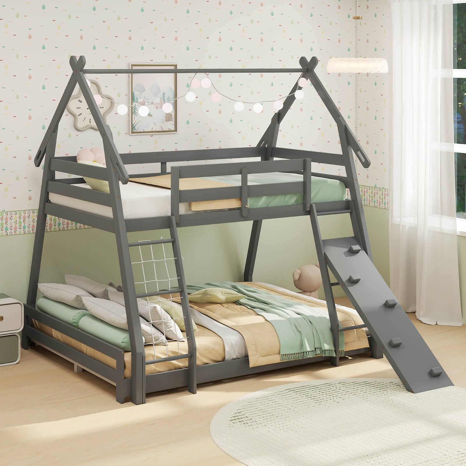 Alt View 1. Costway - Costway Twin Over Queen Bunk Bed House Shaped Bed Frame with Climbing Nets and Ramp Gray - Gray.