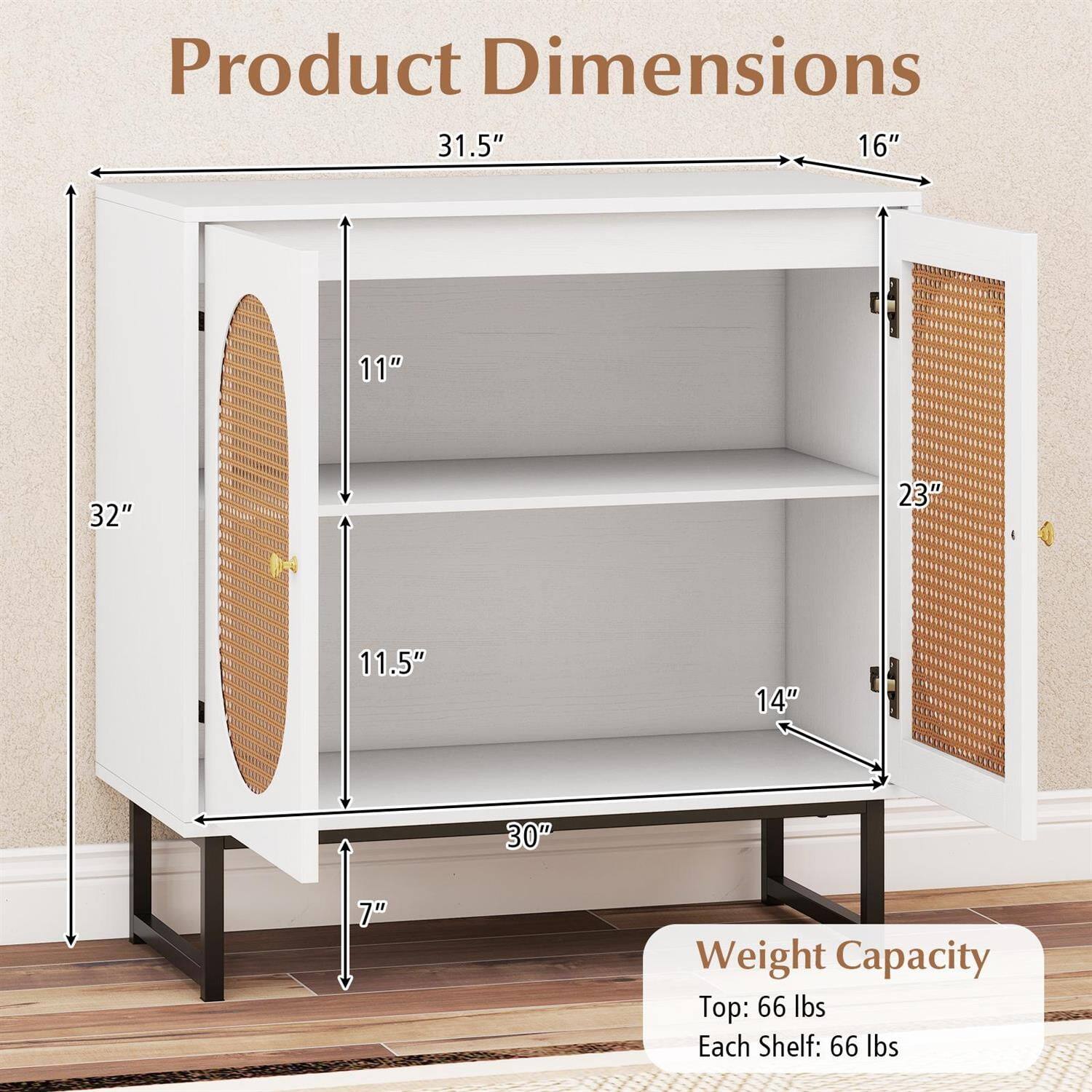 Product Dimensions:  
31.5" x 16" x 32" x 11" x 23" x 11.5" x 14" x 30" x 7"  

Weight Capacity:  
Top: 66 lbs  
Each Shelf: 66 lbs
