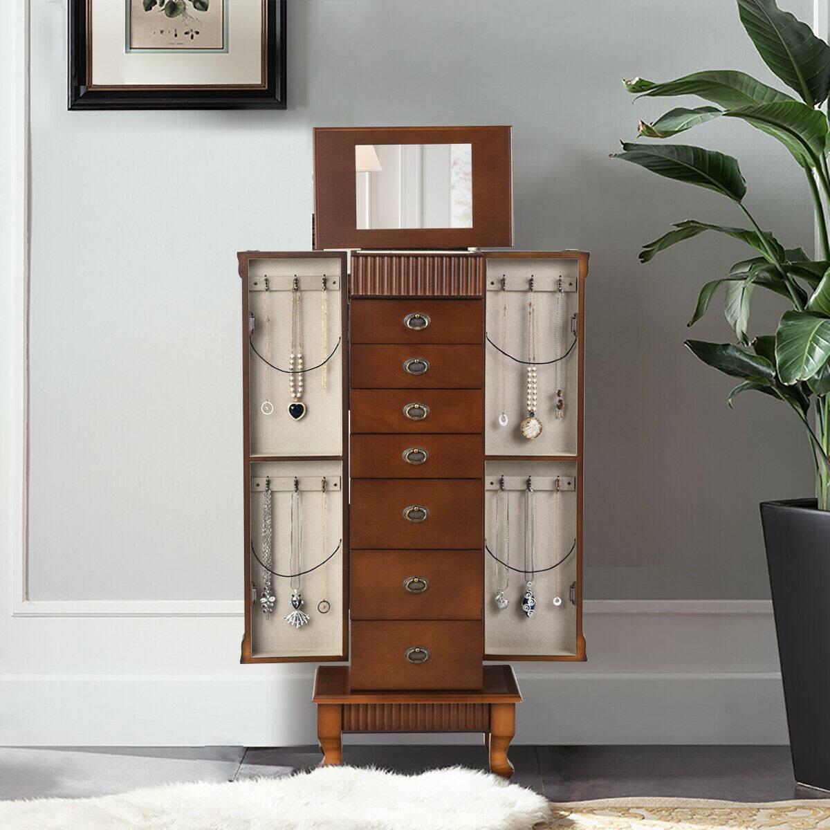 Alt View 11. Costway - Jewelry Cabinet Storage Chest Stand Organizer Necklace Wood - Brown.