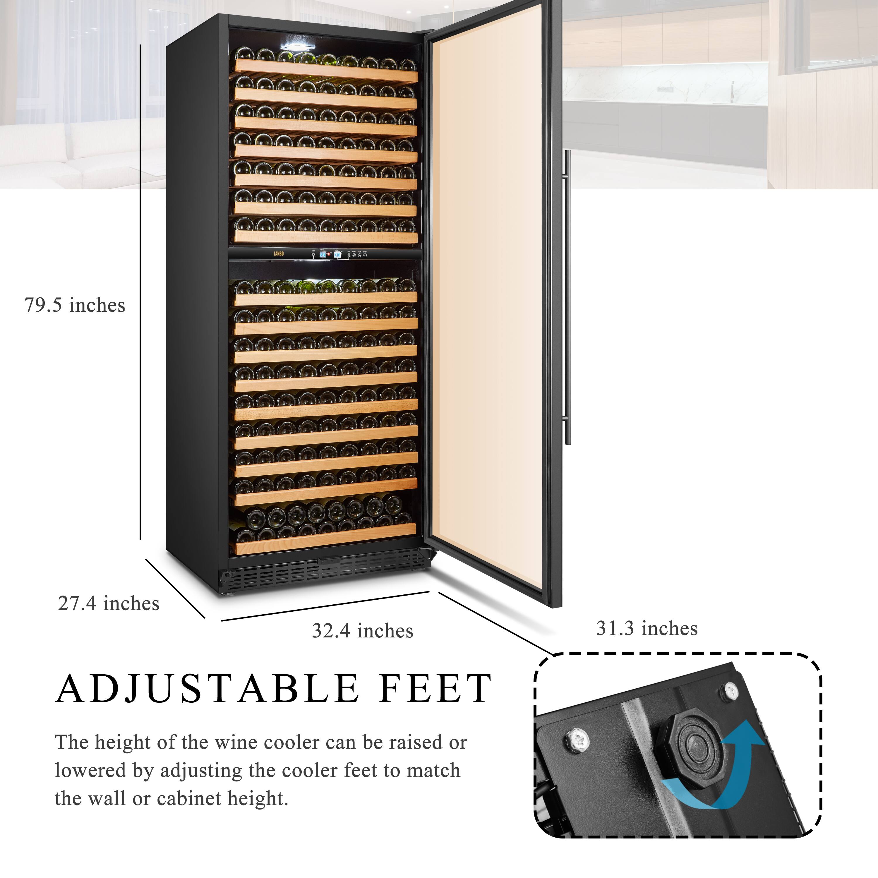 The text on the image reads: "79.5 inches 27.4 inches 32.4 inches 31.3 inches ADJUSTABLE FEET The height of the wine cooler can be raised or lowered by adjusting the cooler feet to match the wall or cabinet height."