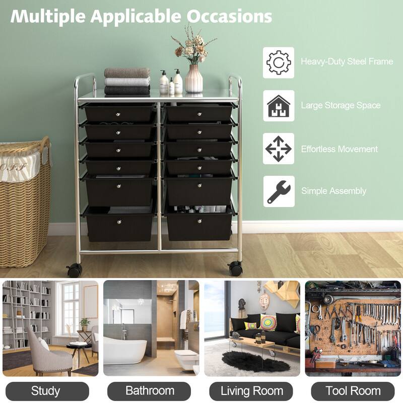Multiple Applicable Occasions  
Heavy-Duty Steel Frame  
Large Storage Space  
Effortless Movement  
Simple Assembly  

Study  
Bathroom  
Living Room  
Tool Room