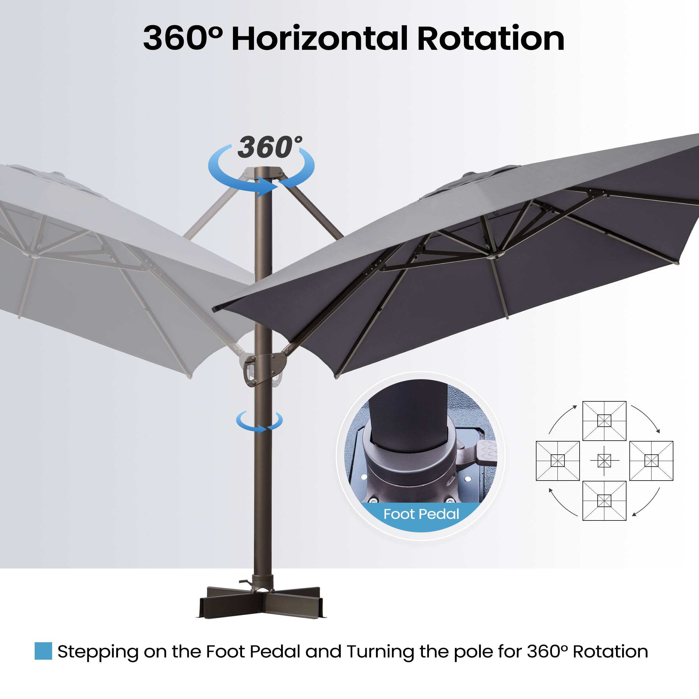 360° Horizontal Rotation

Stepping on the Foot Pedal and Turning the pole for 360° Rotation