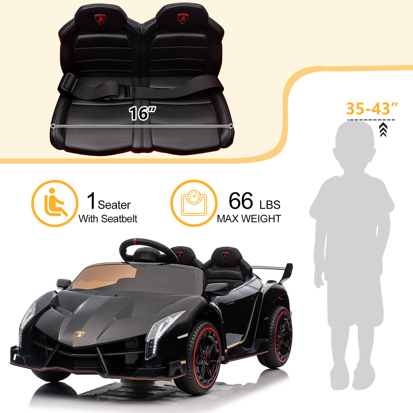 16" 35-43" 1 Seater With Seatbelt 66 LBS MAX WEIGHT