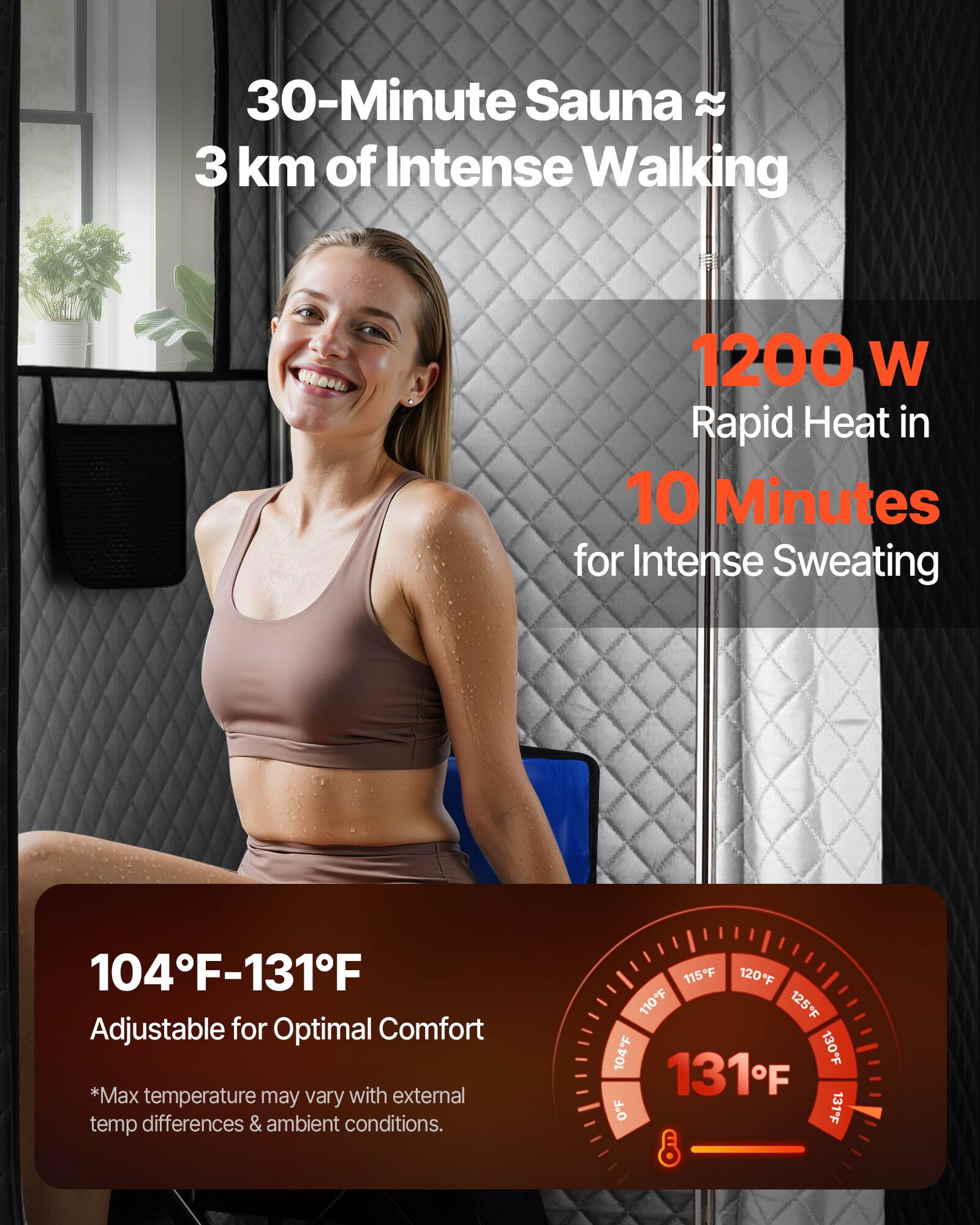 30-Minute Sauna ≈ 3 km of Intense Walking

1200 W Rapid Heat in 10 Minutes for Intense Sweating

104°F-131°F Adjustable for Optimal Comfort

*Max temperature may vary with external temp differences & ambient conditions.

115°F 120°F 125°F 130°F 131°F