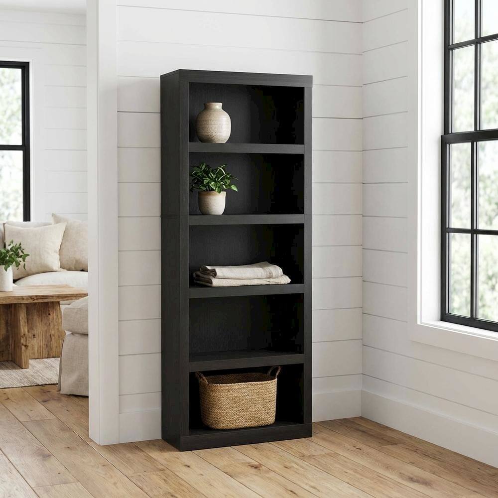 Angle. FurniFact - Bookcase in black wood with spacious open shelves for versatile storage - Blackwood.