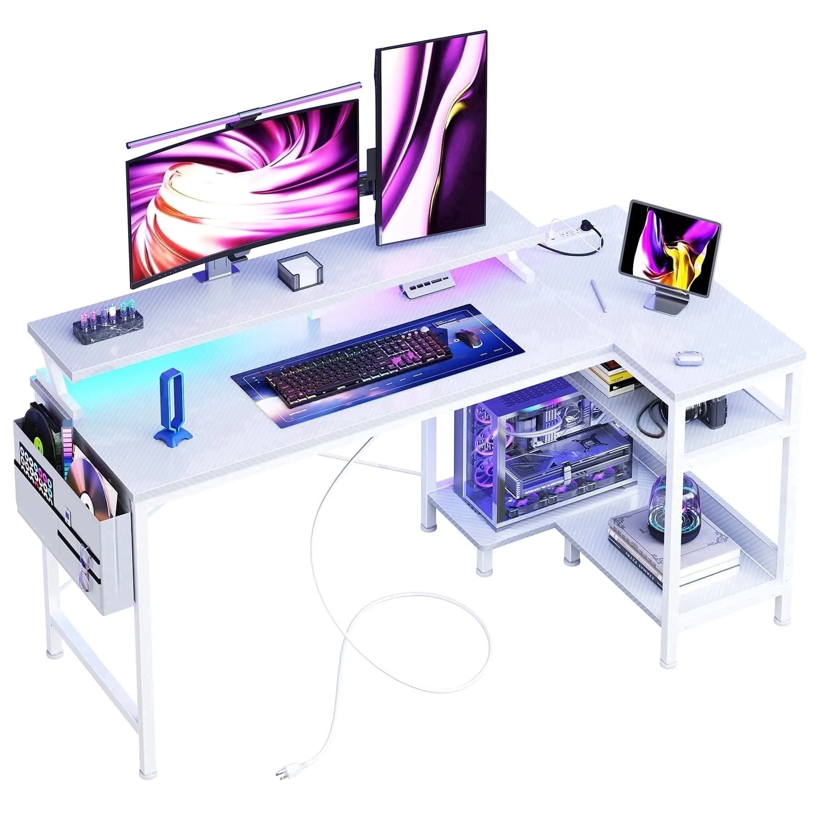 Anysun - 48"Game Desk with USB Charging, Power Socket, Type-C & LED Lights - Computer Table with Storage Rack & Monitor Stand - White