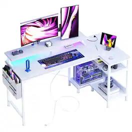 Anysun - 48"Game Desk with USB Charging, Power Socket, Type-C & LED Lights - Computer Table with Storage Rack & Monitor Stand - White