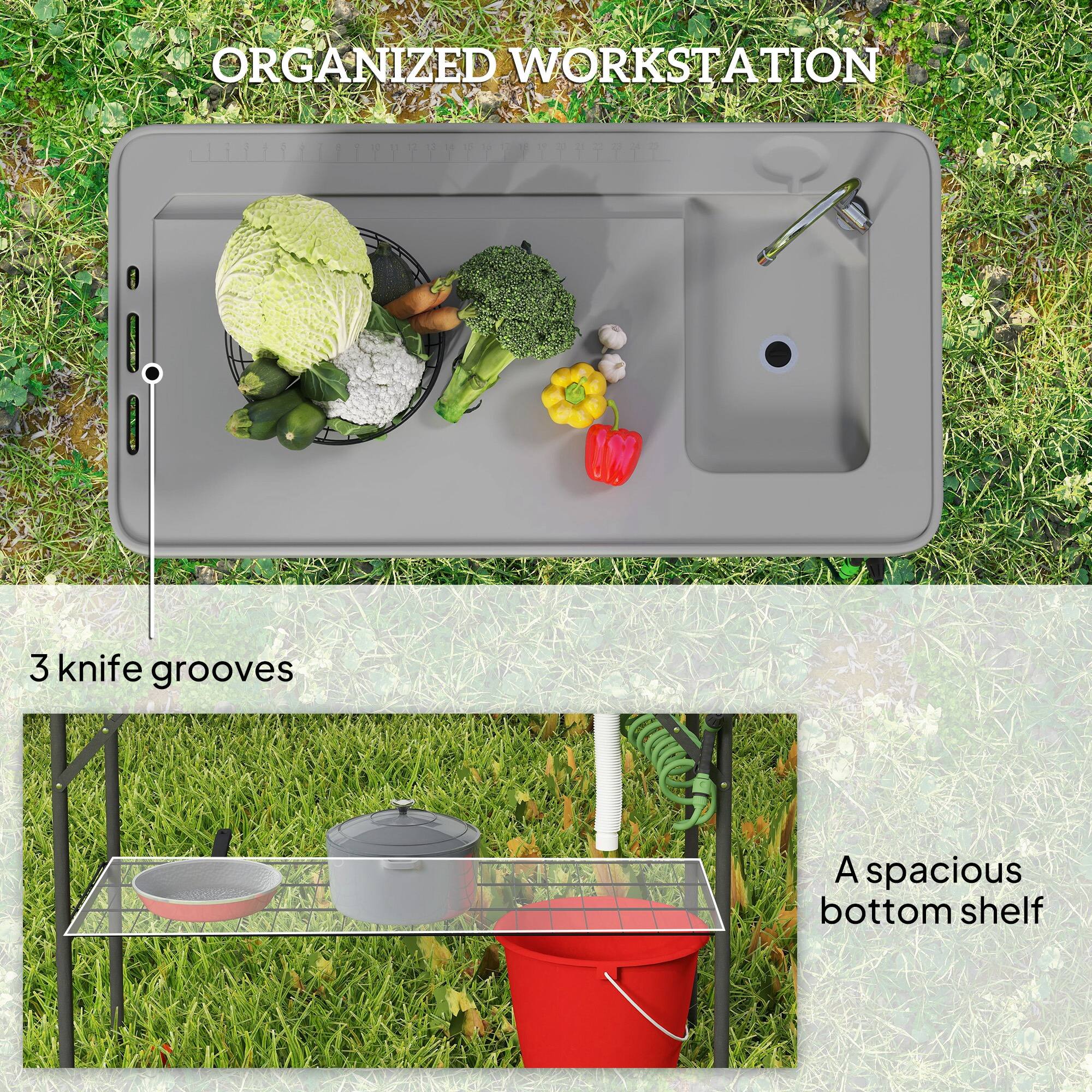 ORGANIZED WORKSTATION

- 3 knife grooves
- A spacious bottom shelf