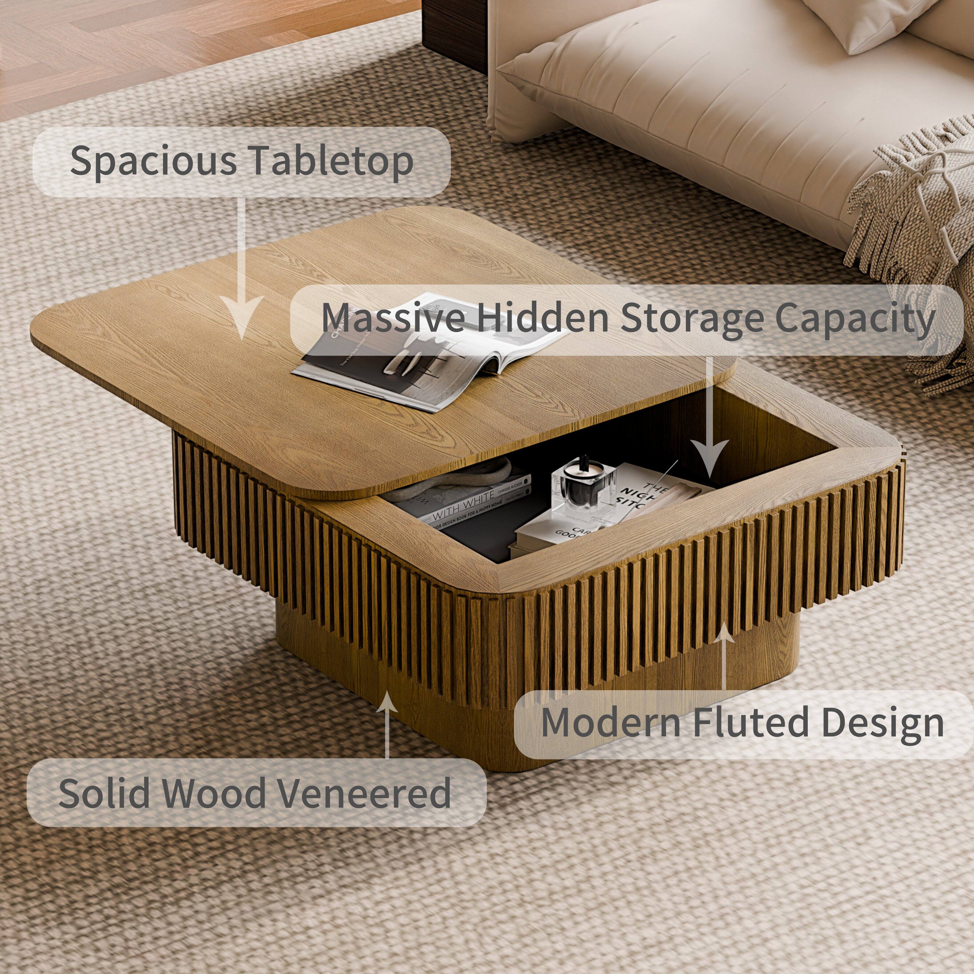 Spacious Tabletop  
Massive Hidden Storage Capacity  
Modern Fluted Design  
Solid Wood Veneered