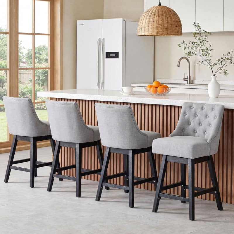 Dyonery - 4 pcs modern style bar stool, 36-inch high bar, retro diamond buckle design, rotatable,linen，Grey - Gray