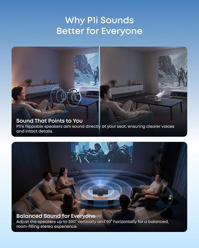 Why Pli Sounds Better for Everyone

Sound That Points to You
Pli's flippable speakers aim sound directly at your seat, ensuring clearer voices and intact details.

Balanced Sound for Everyone
Adjust the speakers up to 200° vertically and 90° horizontally for a balanced, room-filling stereo experience.
