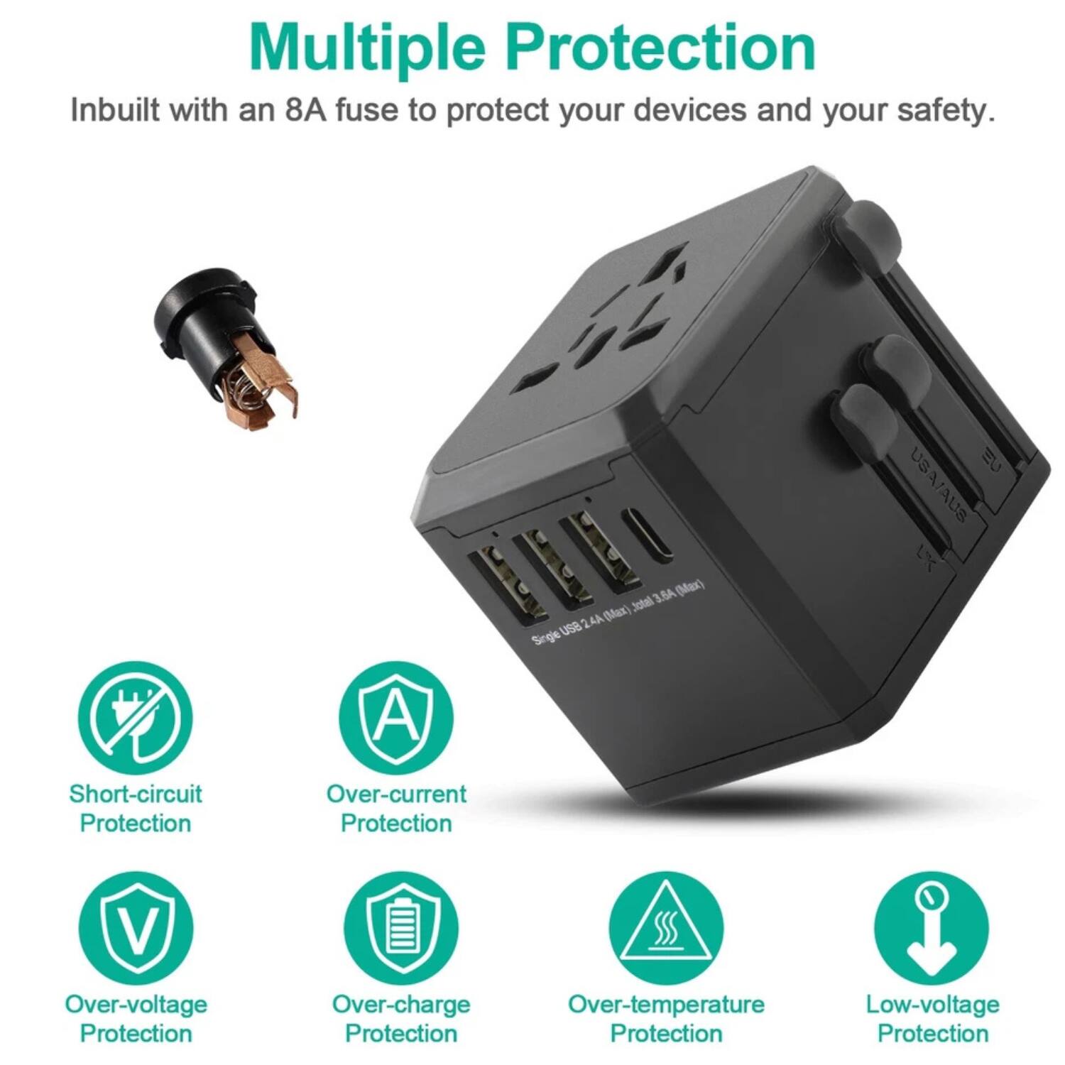 Multiple Protection  
Inbuilt with an 8A fuse to protect your devices and your safety.

- Short-circuit Protection
- Over-current Protection
- Over-voltage Protection
- Over-charge Protection
- Over-temperature Protection
- Low-voltage Protection