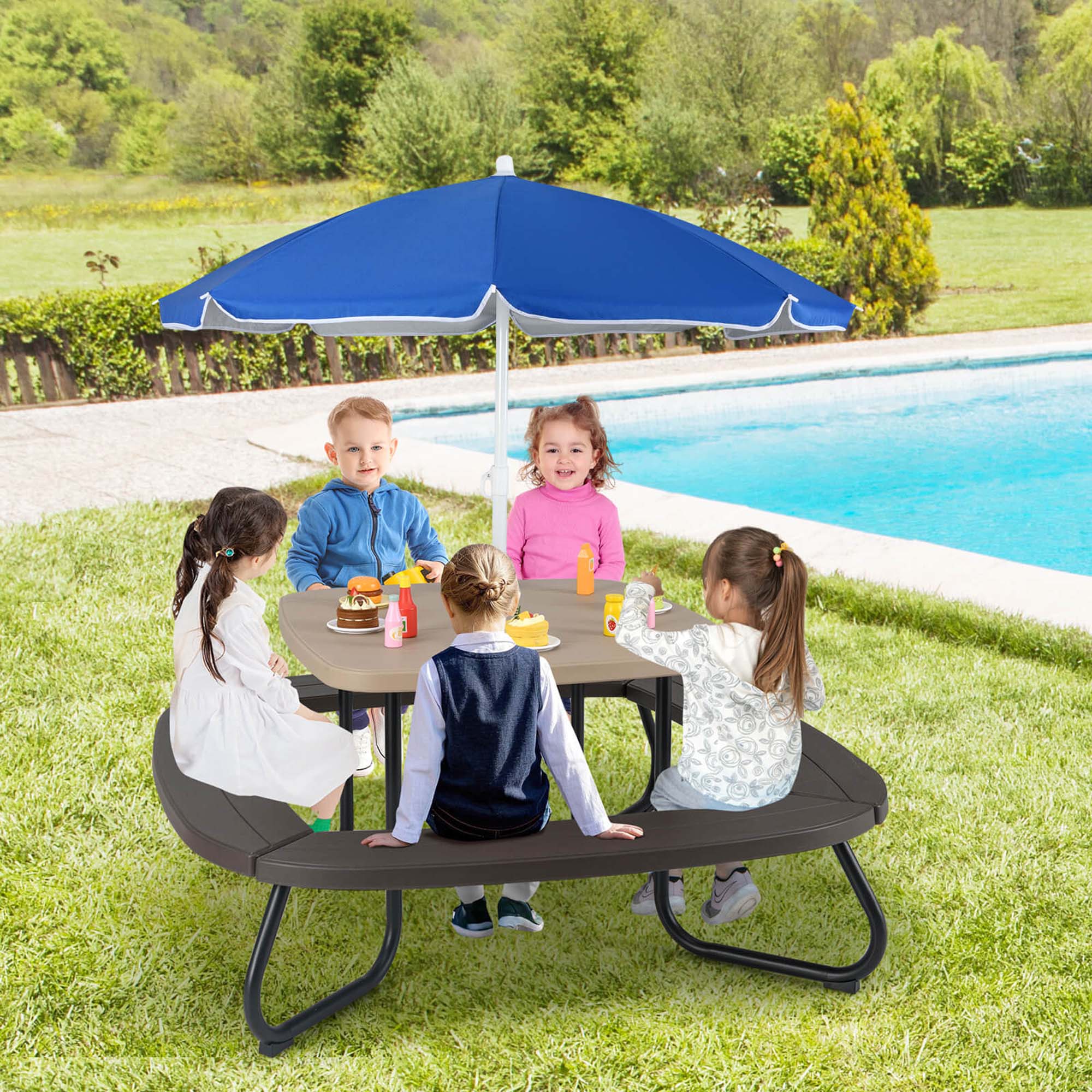 Alt View 1. Costway - Costway Kids Picnic Table Outdoor Activity Table with Adjustable & Collapsible Umbrella - Brown.