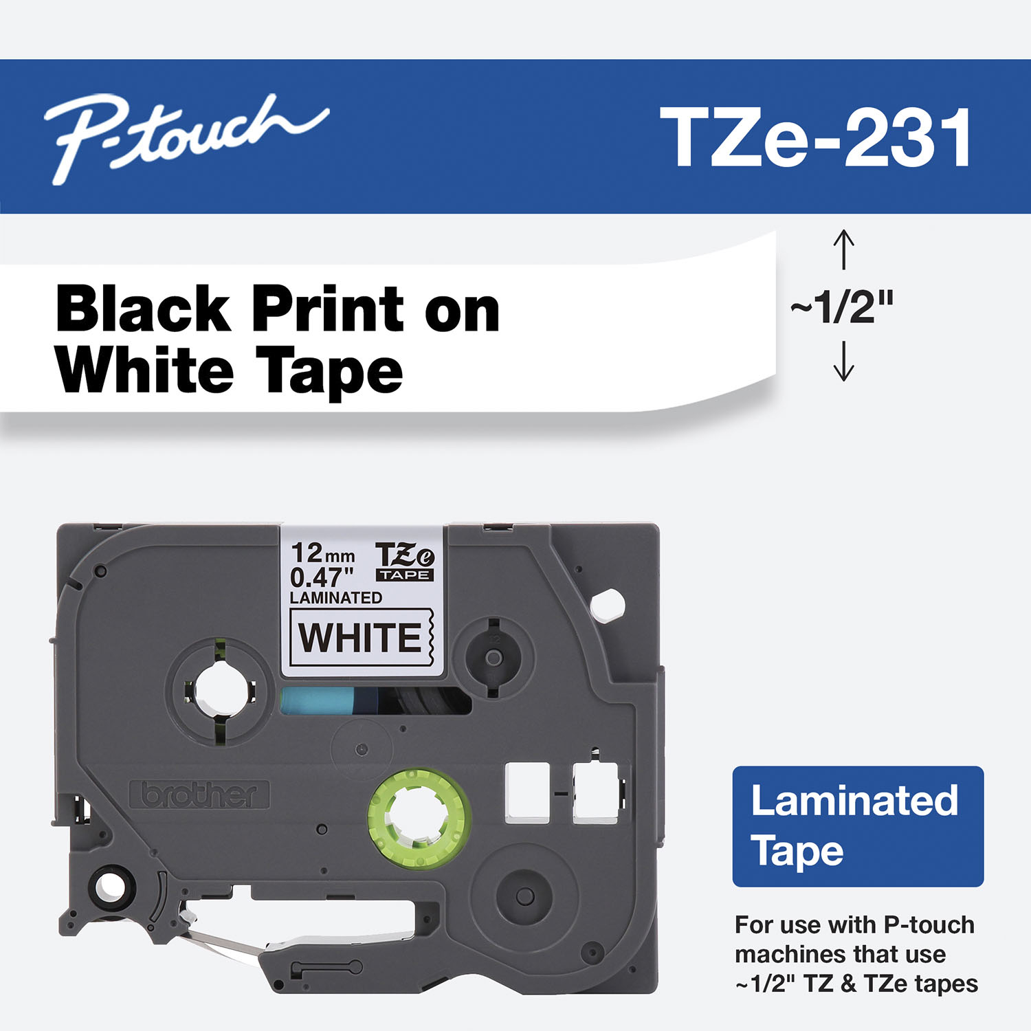 Black Print on White Laminated Label Tape TZ231 TZe231 1/2" for Brother PT-1120 