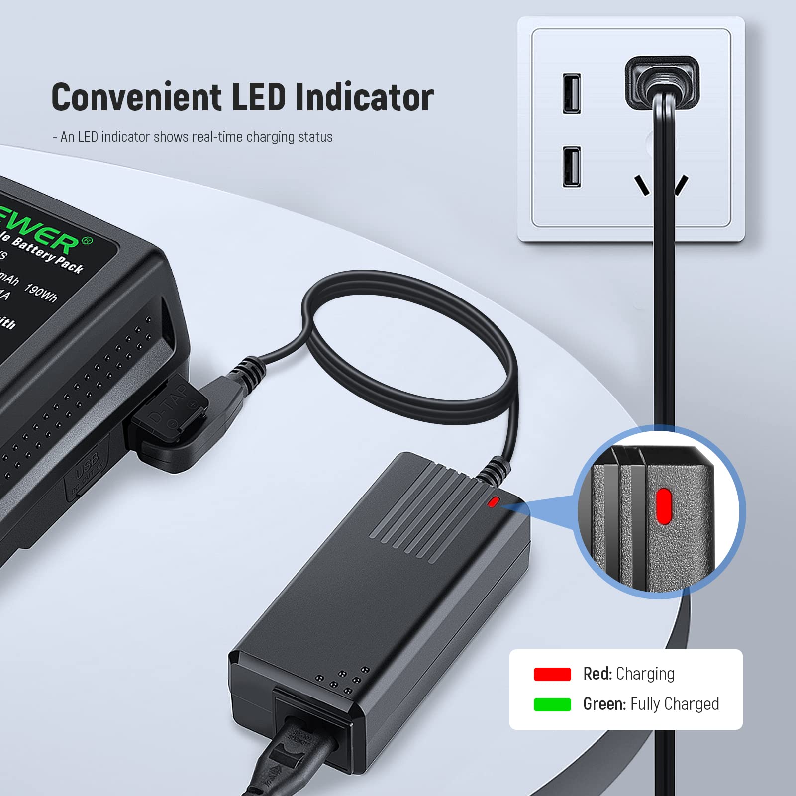 Convenient LED Indicator  
- An LED indicator shows real-time charging status  

Red: Charging  
Green: Fully Charged