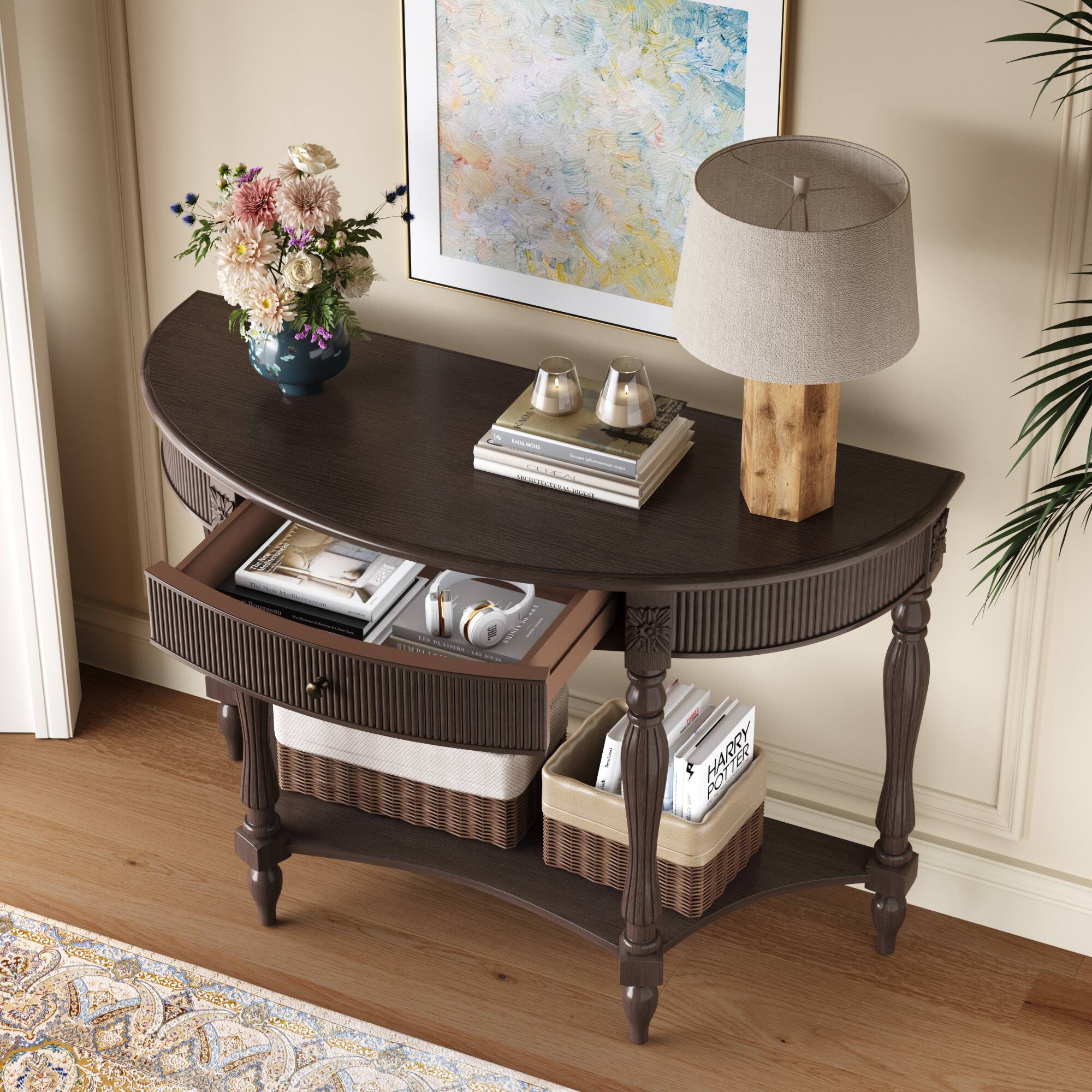 MERAVOM Solid Wood Half Moon Console Table with Drawer and Shelf ...