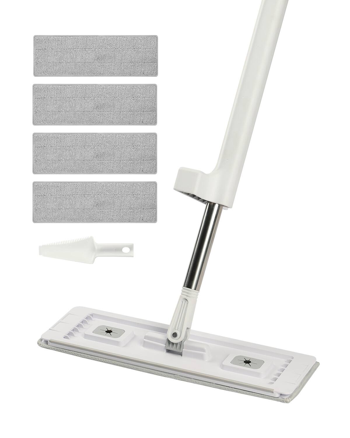 VEVOR - Flat Mop, Self Wringing, Microfiber Floor Mop with 4 Reusable & Washable Mop Pads for Dry & Wet Floor Cleaning - White;Gray