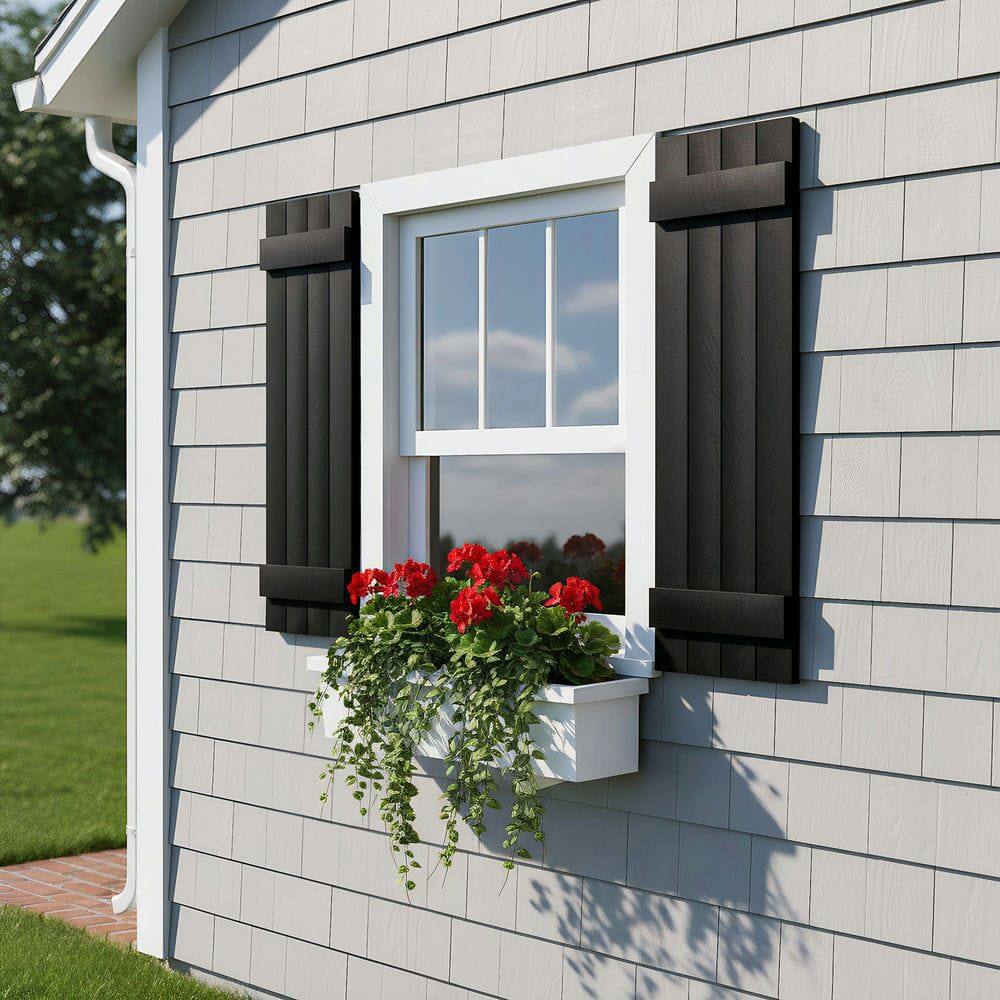 Alt View 1. Kadyn - Classic Board & Batten Faux Shutters with 2 Horizontal Bars for Timeless and Durable Exterior Elegance, 14"x39", Black - Black.