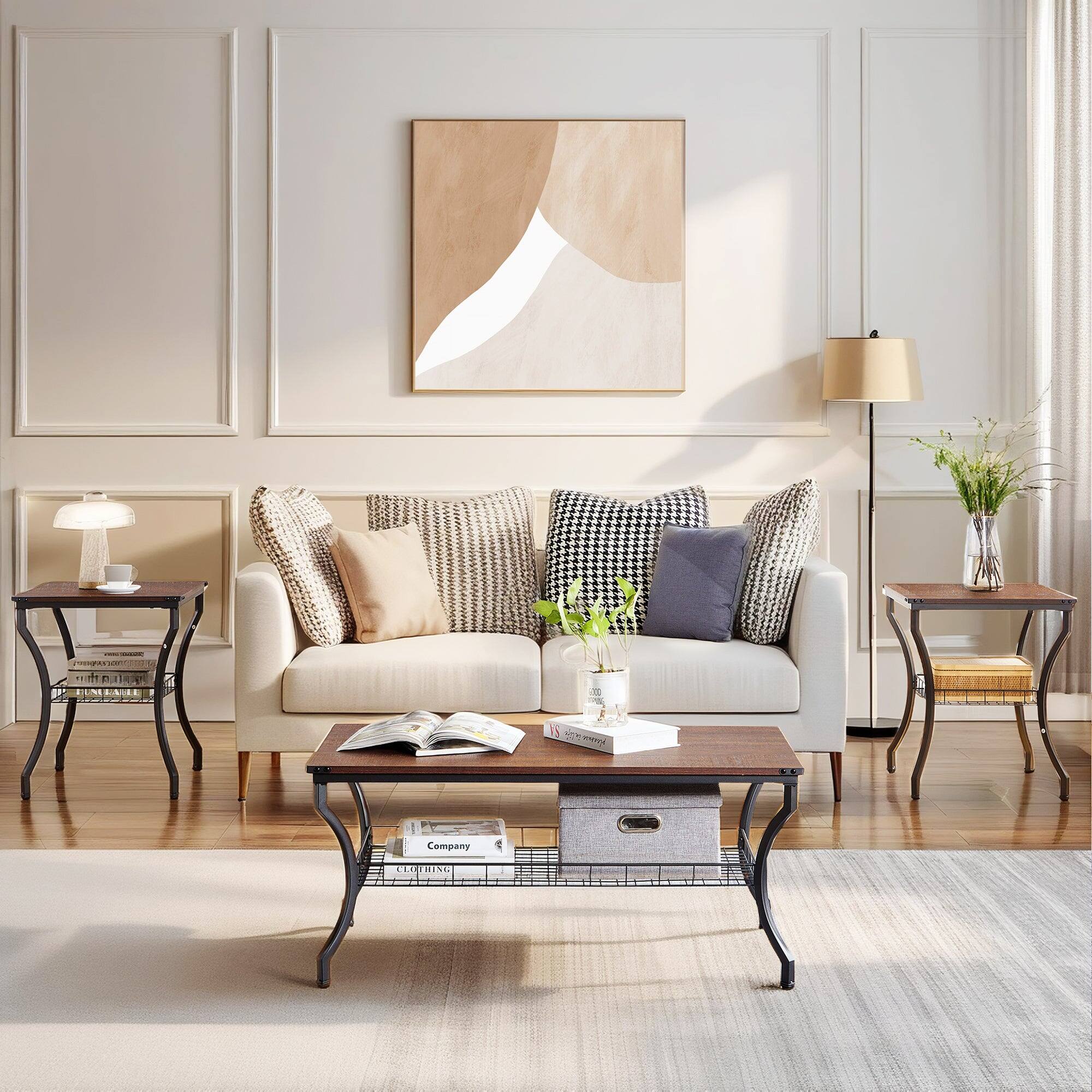 Alt View 2. Vecelo - 3-Piece Coffee Table Set with Storage Shelf, Industrial Living Room Tables, Durable MDF & Metal Frame - Brown.