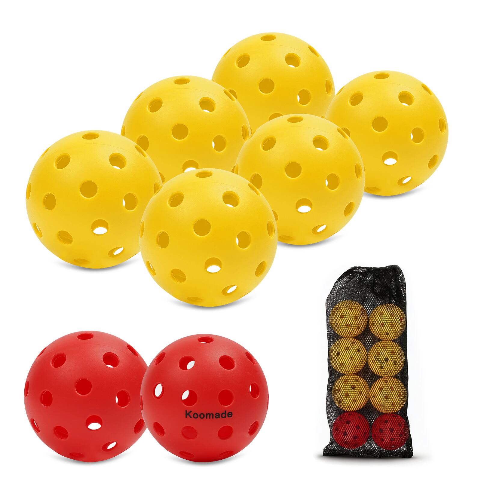 Left. KOOMADE - KOOMADE 8/16pcs Pickleball Balls 40 Holes Colorful and Durable Pickleballs 74mm Training Ball Practice Competition - 8PK Pickle Ball（6PK Yellow + 2PK Red）.