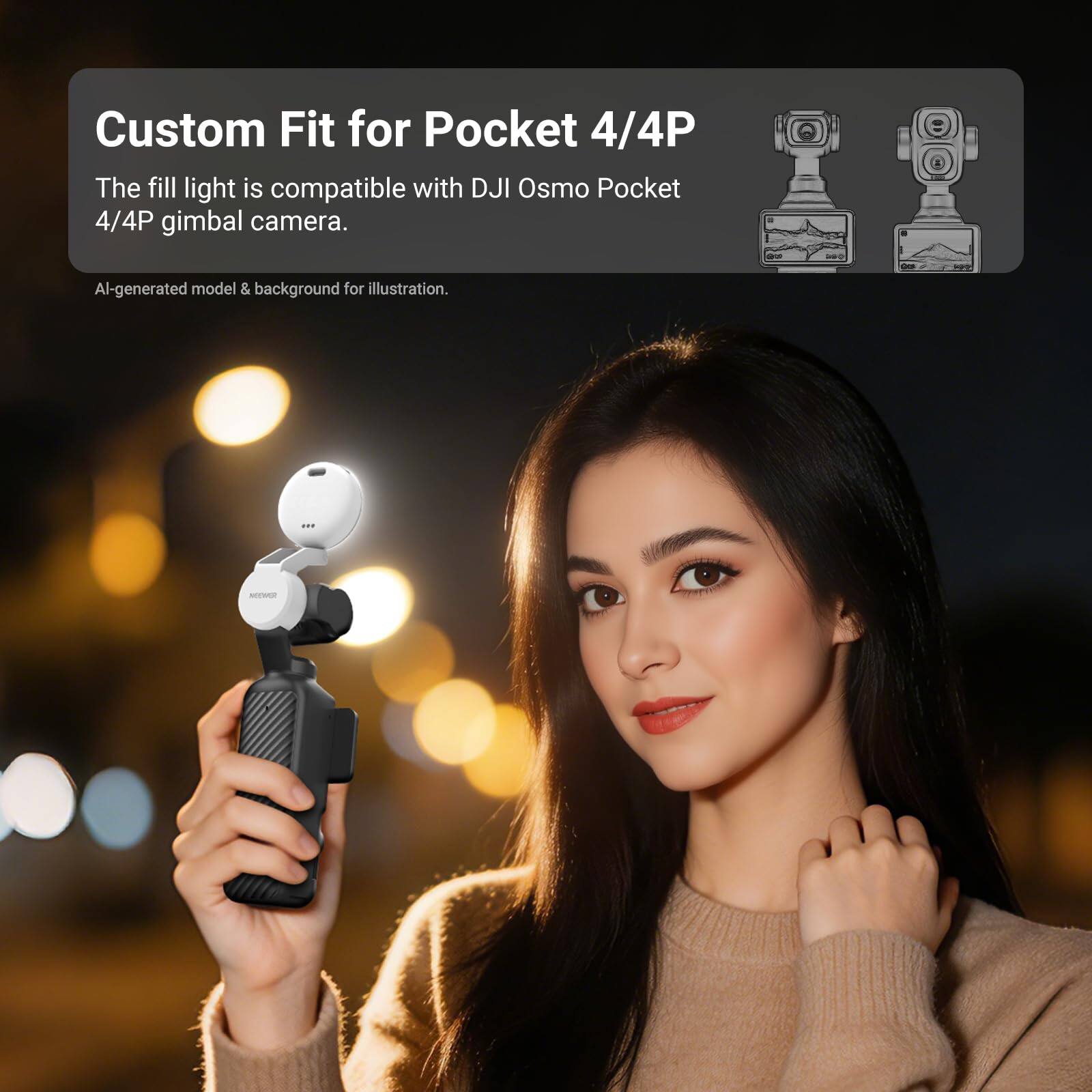 Custom Fit for Pocket 4/4P  
The fill light is compatible with DJI Osmo Pocket 4/4P gimbal camera.  
AI-generated model & background for illustration.