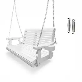 Fortune Candy - Wooden Porch Swing 2-Seater, High Backrest and Deep Seat, Bench Swing with Cupholders, for Outdoor Patio Garden - White