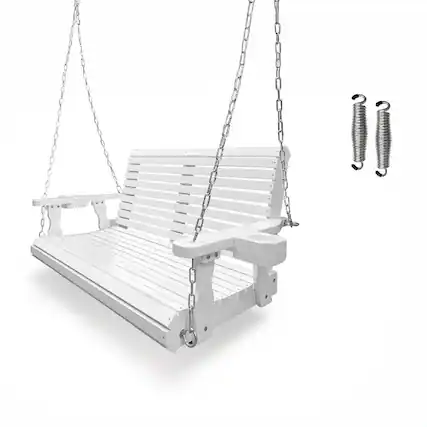 Front. Fortune Candy - Wooden Porch Swing 2-Seater, High Backrest and Deep Seat, Bench Swing with Cupholders, for Outdoor Patio Garden - White.