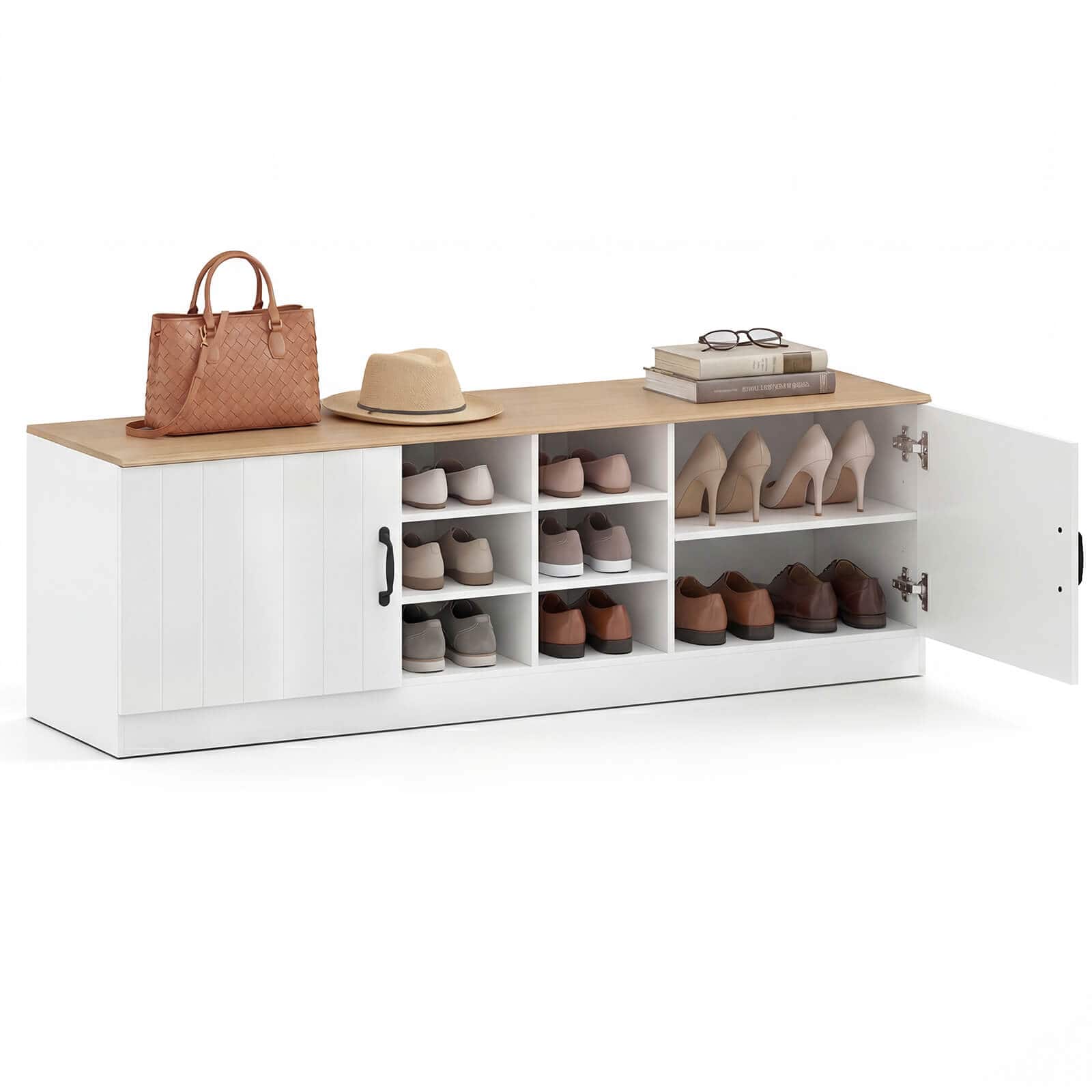 Costway - 2-Door Shoe Bench wirh Adjustable Shelves & 6 Compartments, Hidden Storage Space - Natural+White