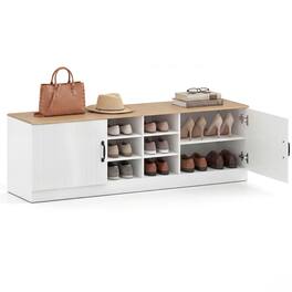 Costway - 2-Door Shoe Bench wirh Adjustable Shelves & 6 Compartments, Hidden Storage Space - Natural+White
